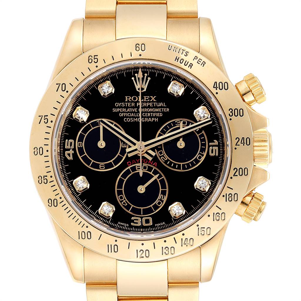 This image shows a front view of a Rolex Daytona 116528 Men's Yellow Gold Black Dial 116528 Men's Yellow Gold Black Dial watch, highlighting the dial, bezel, and bracelet.