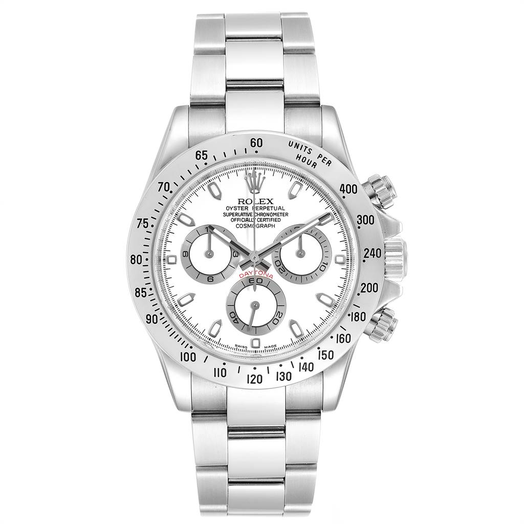This image shows a front view of a Rolex Daytona 116520 Men's Stainless Steel White Dial 116520 Men's Stainless Steel White Dial watch, highlighting the face, bezel, pushers, and part of the bracelet.