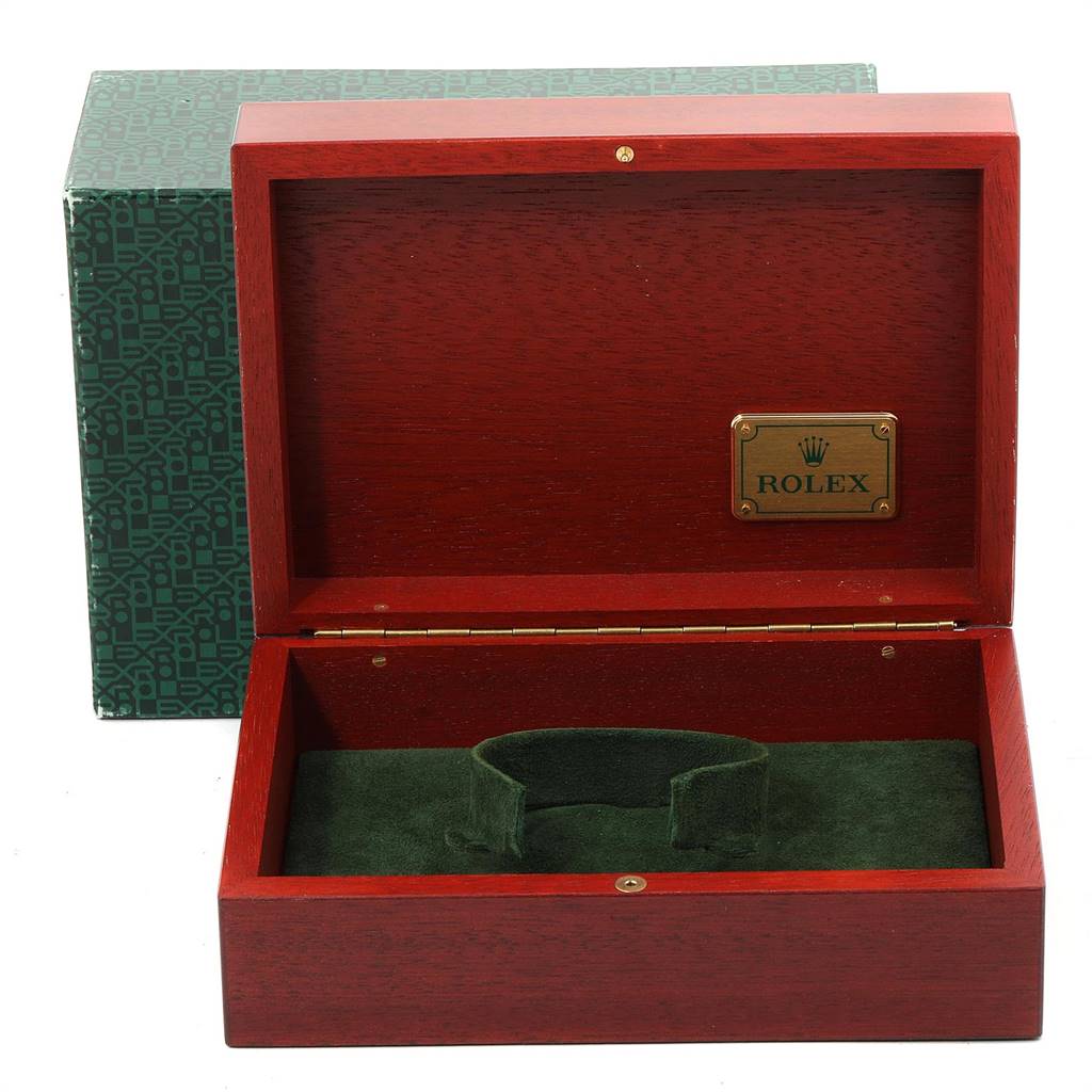 This is an open wooden Rolex watch box, likely for the Daytona model, showing the interior and exterior.