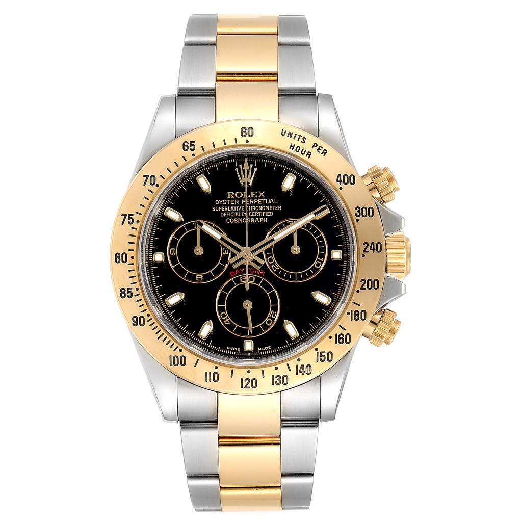 The image shows a Rolex Daytona 116523 Men's Steel and Gold (two tone) Black Dial 116523 Men's Steel and Gold (two tone) Black Dial watch with a gold and steel bracelet, black dial, and gold bezel from a front-facing angle.