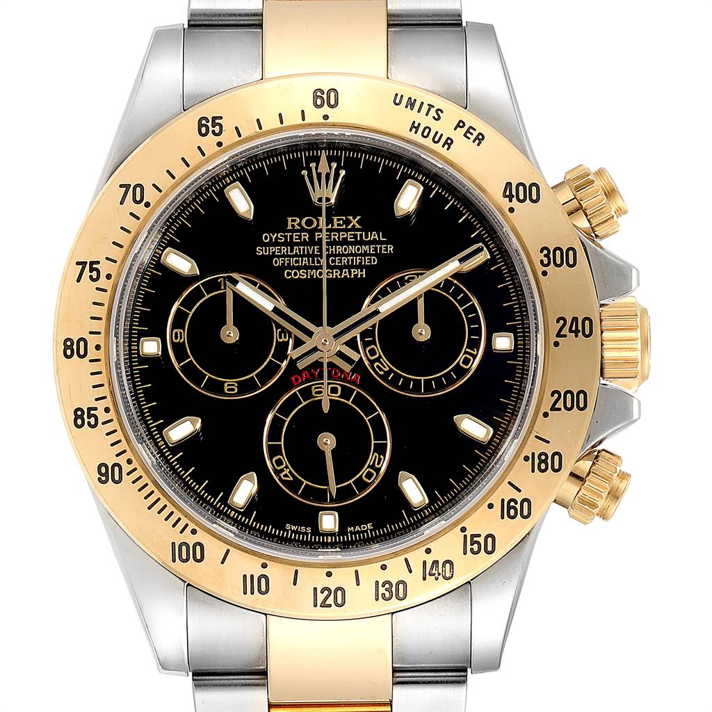 The image shows a front view of a Rolex Daytona 116523 Men's Steel and Gold (two tone) Black Dial 116523 Men's Steel and Gold (two tone) Black Dial watch, featuring a black dial, gold bezel, and chronograph sub-dials.