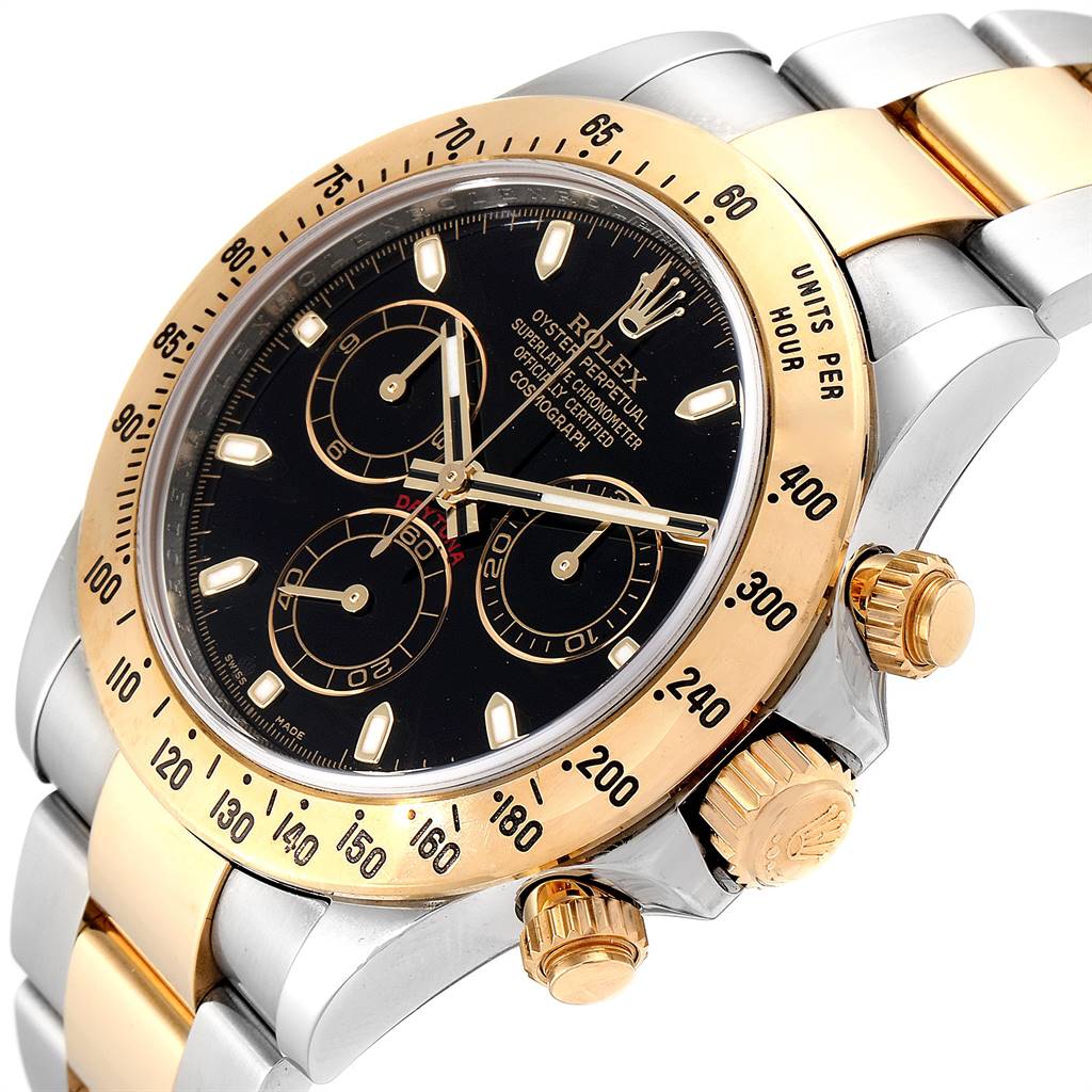 Angled view of the Rolex Daytona 116523 Men's Steel and Gold (two tone) Black Dial 116523 Men's Steel and Gold (two tone) Black Dial watch showing the face, bezel, crown, pushers, and part of the bracelet.
