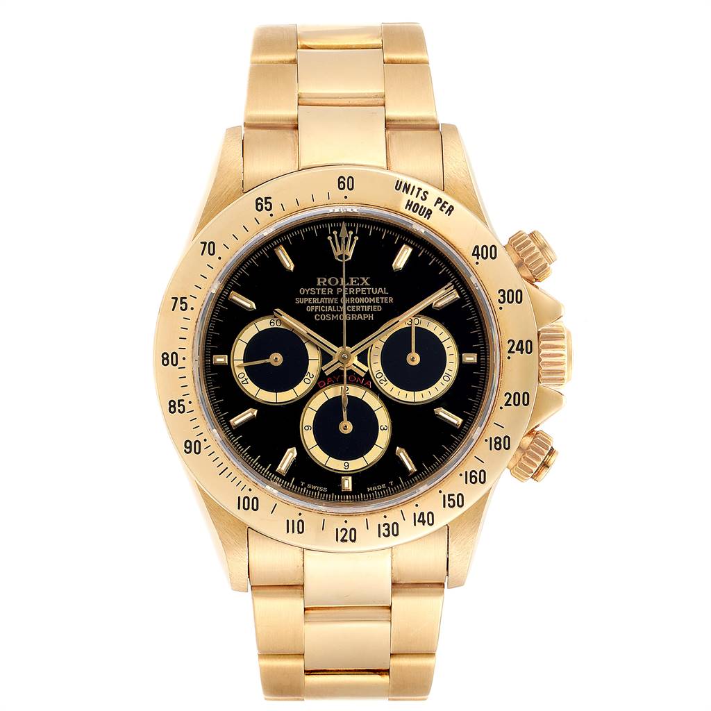 The image shows a front view of a Rolex Daytona 16528 Men's Yellow Gold Black Dial 16528 Men's Yellow Gold Black Dial watch, highlighting the dial, bezel, case, and bracelet.