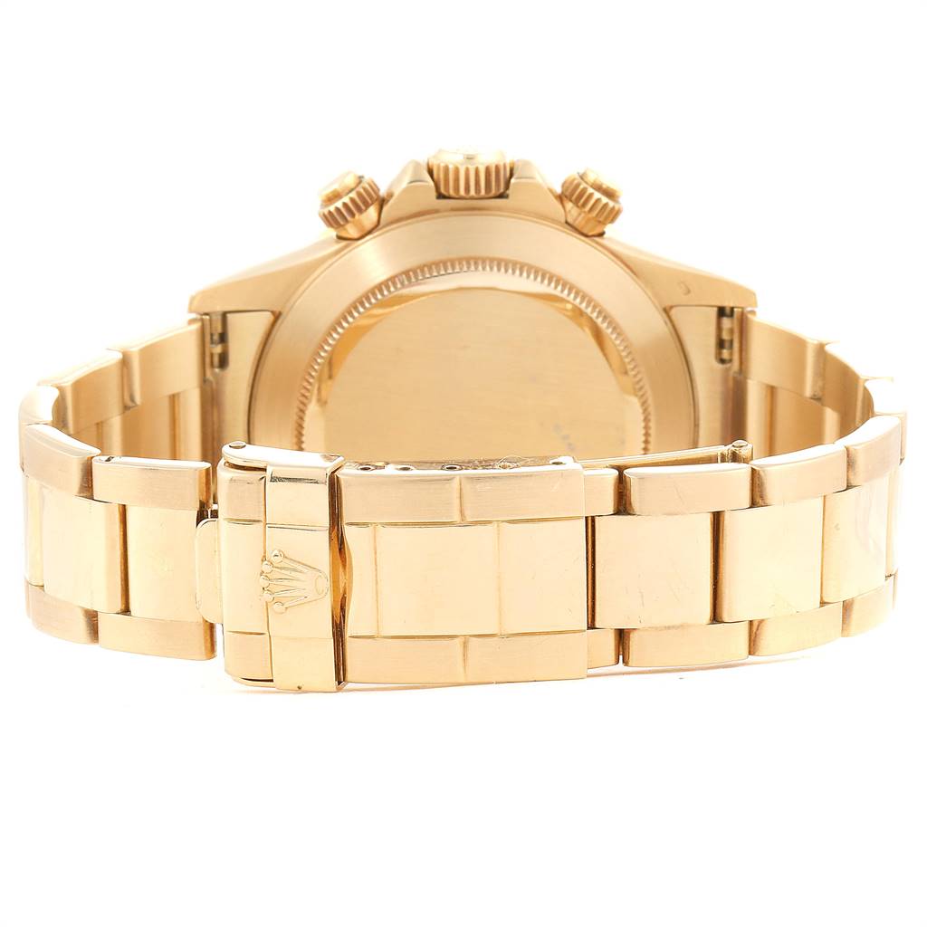 This image shows the back view of a Rolex Daytona 16528 Men's Yellow Gold Black Dial 16528 Men's Yellow Gold Black Dial watch, highlighting the clasp and bracelet.