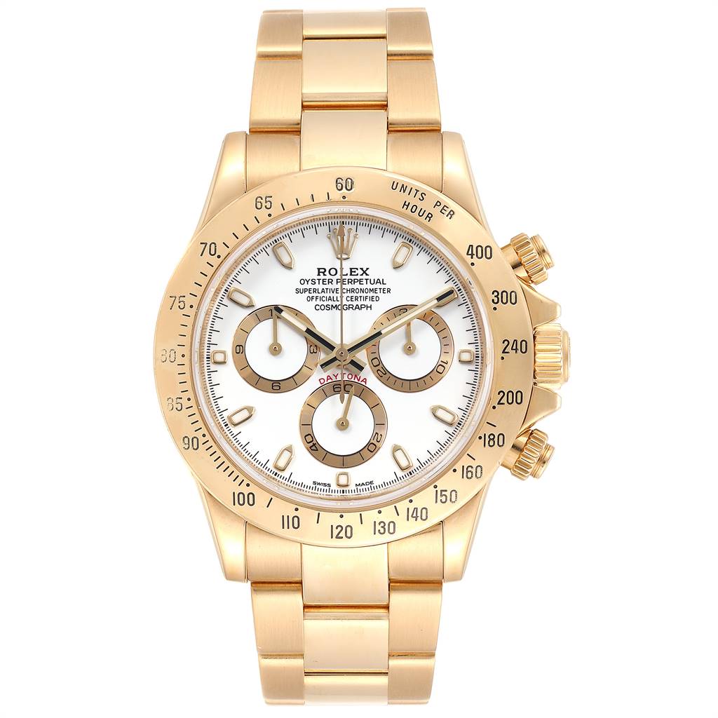This image shows the front view of a Rolex Daytona 116528 Men's Yellow Gold White Dial 116528 Men's Yellow Gold White Dial watch, highlighting the dial, bezel, subdials, and band.