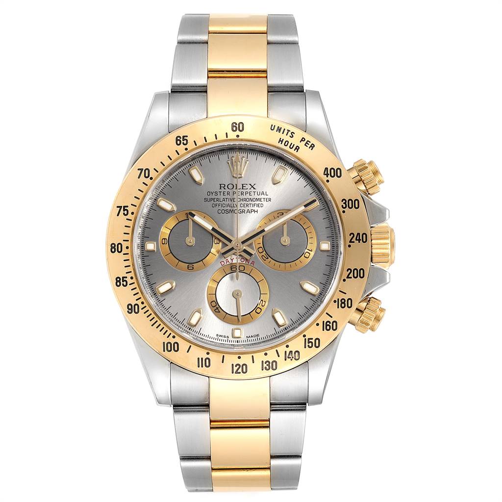 This image shows a front view of a Rolex Daytona 116523 Men's Steel and Gold (two tone) Grey Dial 116523 Men's Steel and Gold (two tone) Grey Dial watch, featuring its bezel, dial, sub-dials, and bracelet.