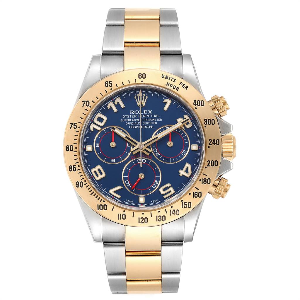 The image shows a Rolex Daytona 116523 Men's Steel and Gold (two tone) Blue Dial 116523 Men's Steel and Gold (two tone) Blue Dial watch, featuring the face, bezel, crown, push buttons, and steel-gold bracelet from a front angle.