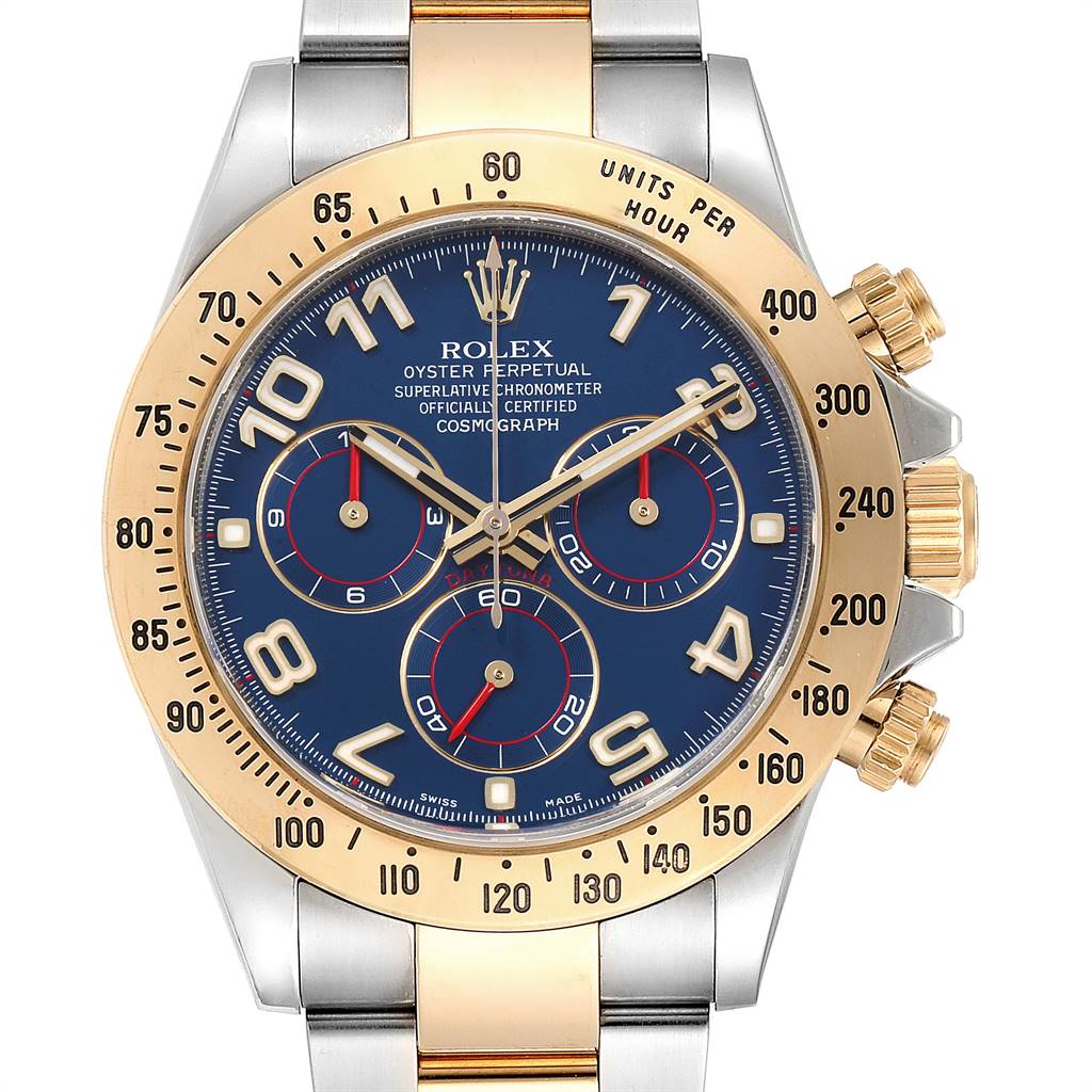 This image shows a Rolex Daytona 116523 Men's Steel and Gold (two tone) Blue Dial 116523 Men's Steel and Gold (two tone) Blue Dial watch with a blue dial, gold bezel, and chronograph functions from a front-facing angle.