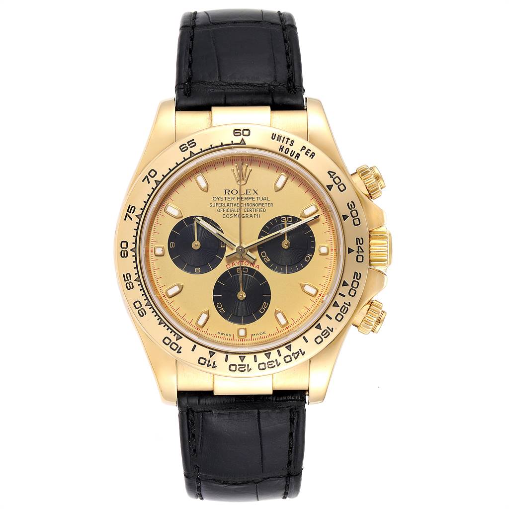 This image shows a front view of a Rolex Daytona 116518 Men's Yellow Gold Champagne Dial 116518 Men's Yellow Gold Champagne Dial watch, highlighting its gold case, black leather strap, and chronograph dials.