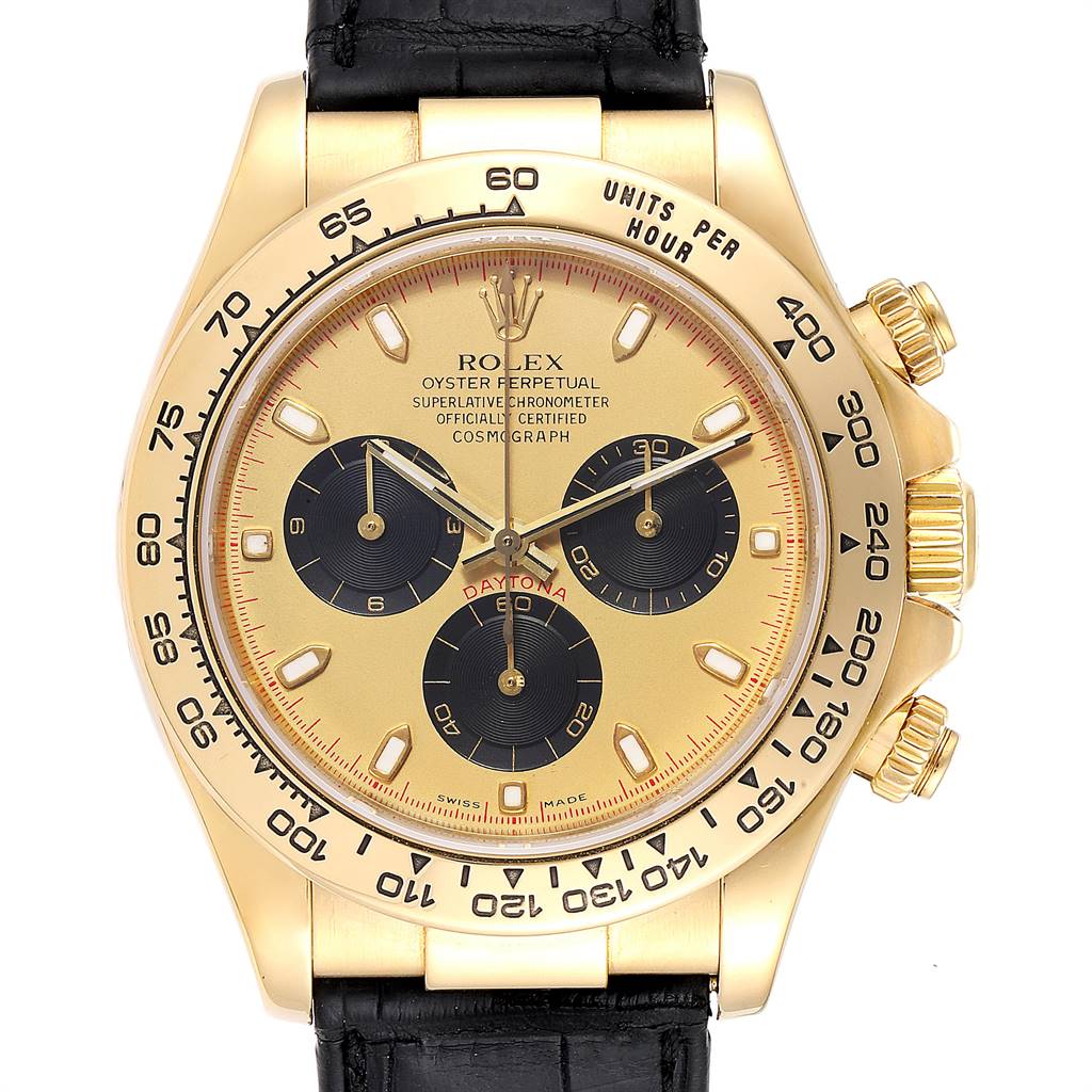 This image shows a front view of a Rolex Daytona 116518 Men's Yellow Gold Champagne Dial 116518 Men's Yellow Gold Champagne Dial watch, highlighting its dial, bezel, and leather strap.