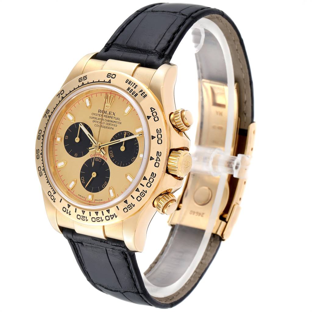 The Rolex Daytona 116518 Men's Yellow Gold Champagne Dial 116518 Men's Yellow Gold Champagne Dial model is shown at a three-quarter angle, displaying its gold case, dial, pushers, crown, and black leather strap.
