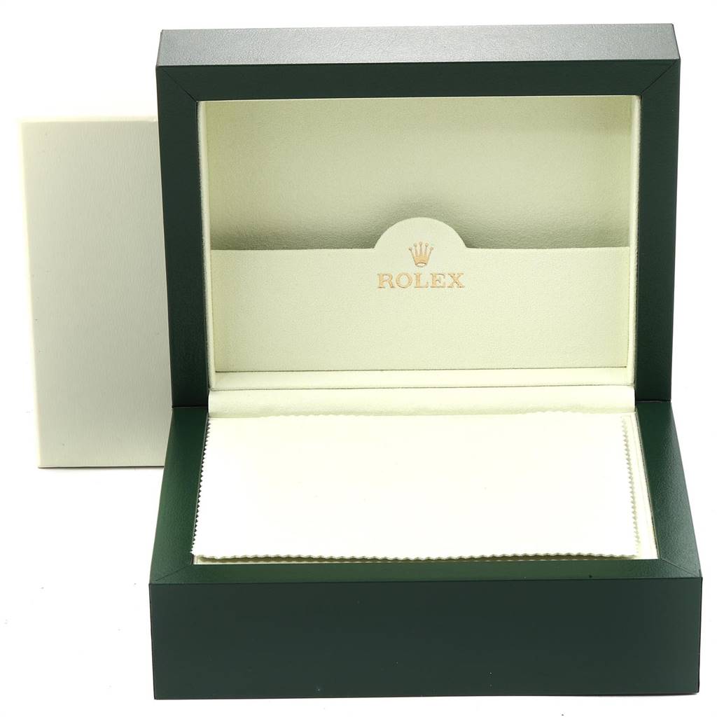 This image shows an open Rolex Daytona 116523 Men's Steel and Gold (two tone) White Dial 116523 Men's Steel and Gold (two tone) White Dial watch box, viewed from the front, with the inner lining and branding visible.