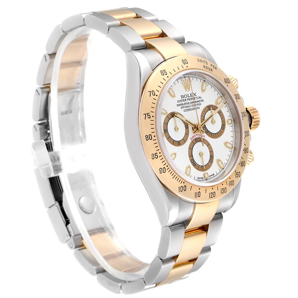 This image shows a side and front angle of a Rolex Daytona 116523 Men's Steel and Gold (two tone) White Dial 116523 Men's Steel and Gold (two tone) White Dial watch, highlighting its two-tone bracelet and three subdials.