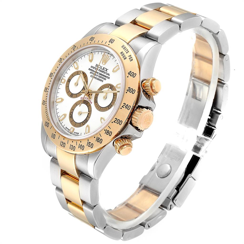 The image shows a gold and silver Rolex Daytona 116523 Men's Steel and Gold (two tone) White Dial 116523 Men's Steel and Gold (two tone) White Dial watch angled to display the face, bezel, crown, and band.