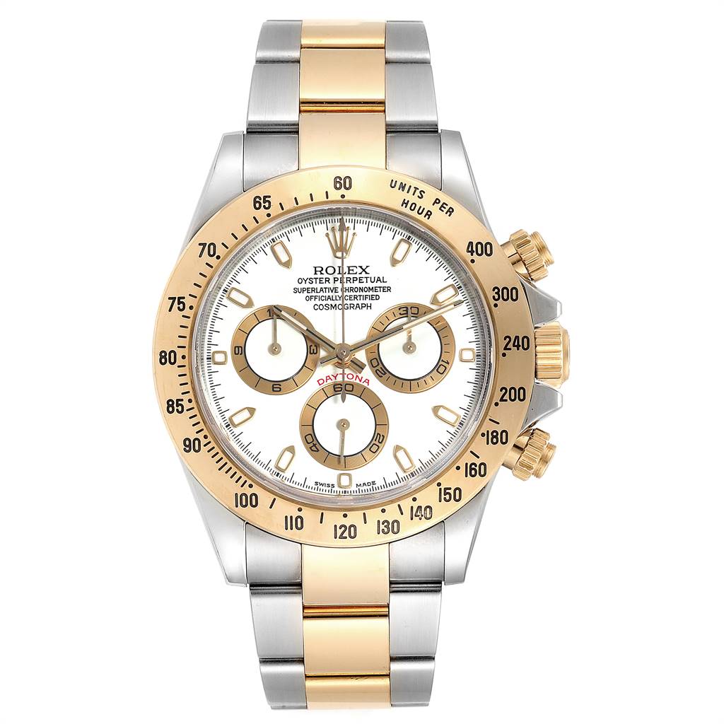 This image shows a front view of a Rolex Daytona 116523 Men's Steel and Gold (two tone) White Dial 116523 Men's Steel and Gold (two tone) White Dial watch with a gold and silver bracelet and a white dial.