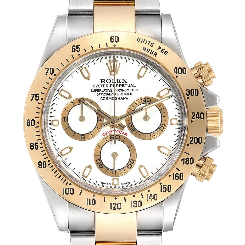 The image shows a frontal view of a Rolex Daytona 116523 Men's Steel and Gold (two tone) White Dial 116523 Men's Steel and Gold (two tone) White Dial watch featuring a two-tone bracelet, gold bezel, and three sub-dials.