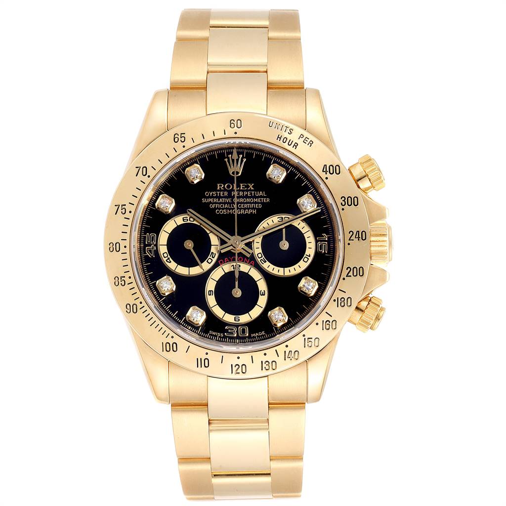The image shows a front view of the Rolex Daytona 16528 Men's Yellow Gold Black Dial 16528 Men's Yellow Gold Black Dial watch, highlighting its gold bracelet, black dial, and chronograph sub-dials.