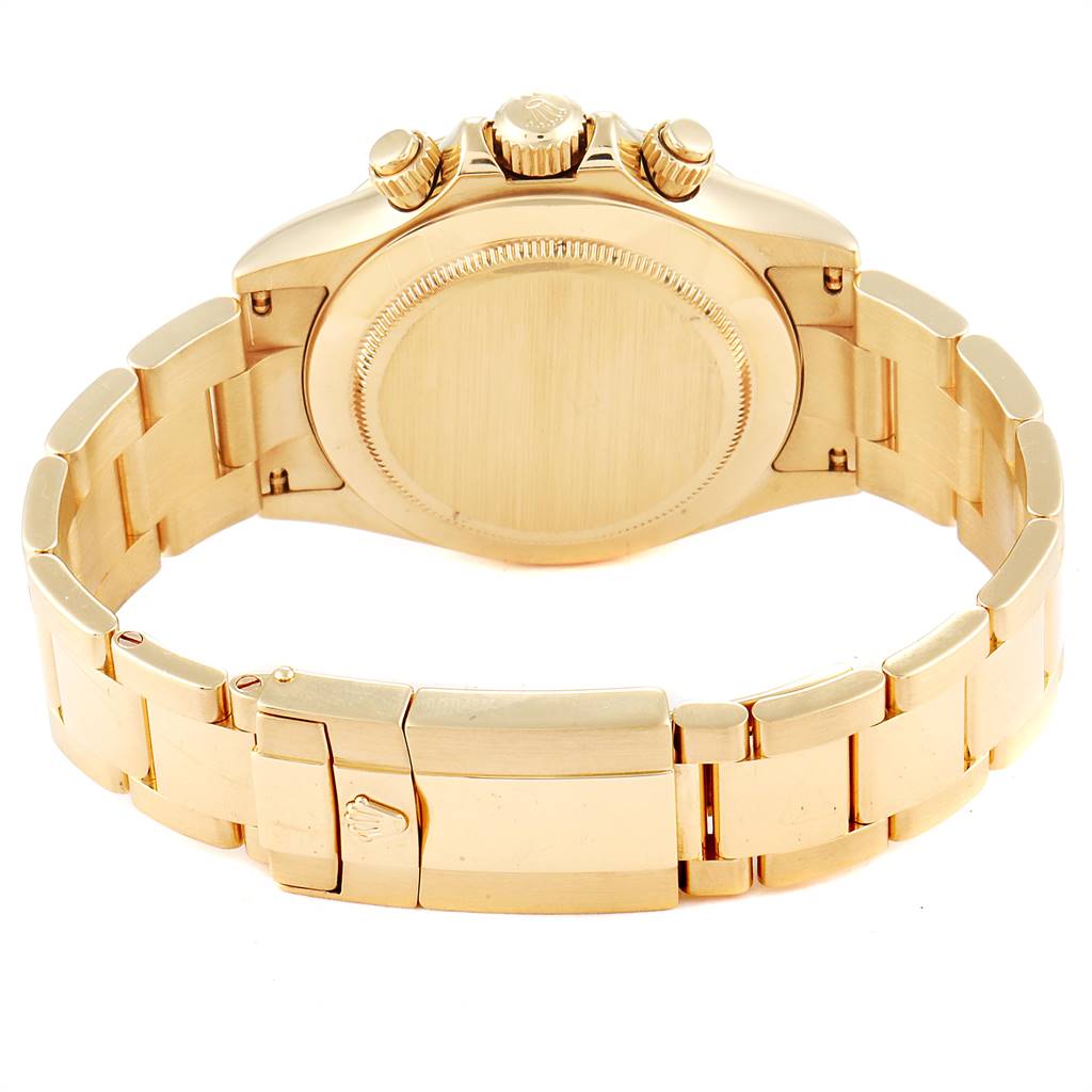 This image shows the back view of a Rolex Daytona 116528 Men's Yellow Gold Black Dial 116528 Men's Yellow Gold Black Dial watch, highlighting the case back, crown, pushers, and bracelet clasp.