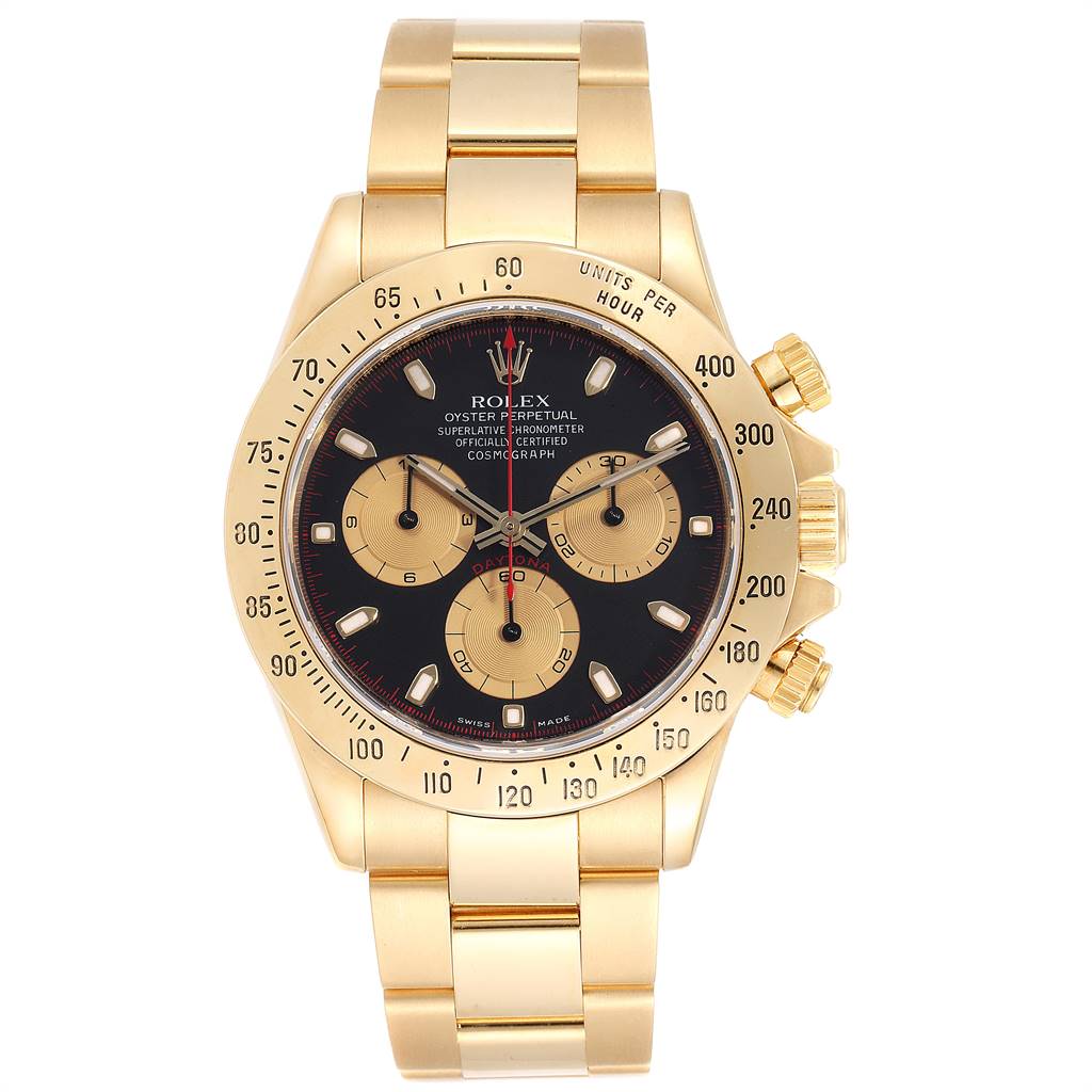 This image shows the front view of a Rolex Daytona 116528 Men's Yellow Gold Black Dial 116528 Men's Yellow Gold Black Dial watch, displaying its dial, bezel, and bracelet.