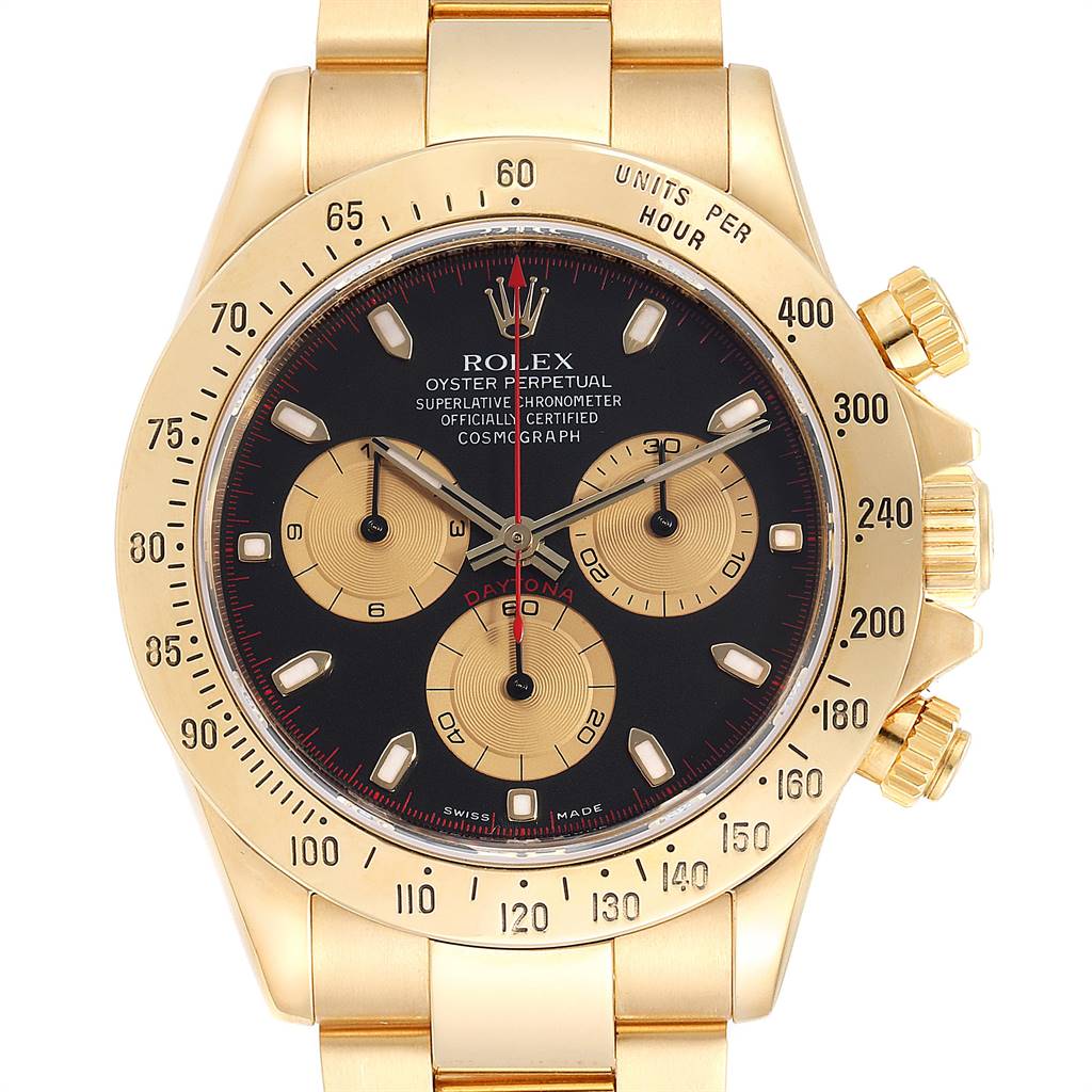 The image shows a front-facing view of a Rolex Daytona 116528 Men's Yellow Gold Black Dial 116528 Men's Yellow Gold Black Dial watch, highlighting its dial, subdials, bezel, and chronograph pushers.