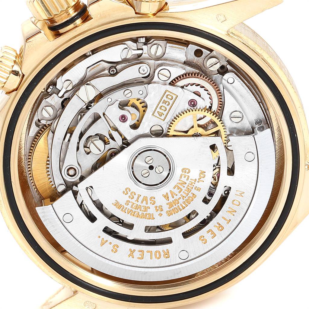 This image shows the internal mechanism and movement of a Rolex Daytona 16528 Men's Yellow Gold White Dial 16528 Men's Yellow Gold White Dial watch from a back-open view.