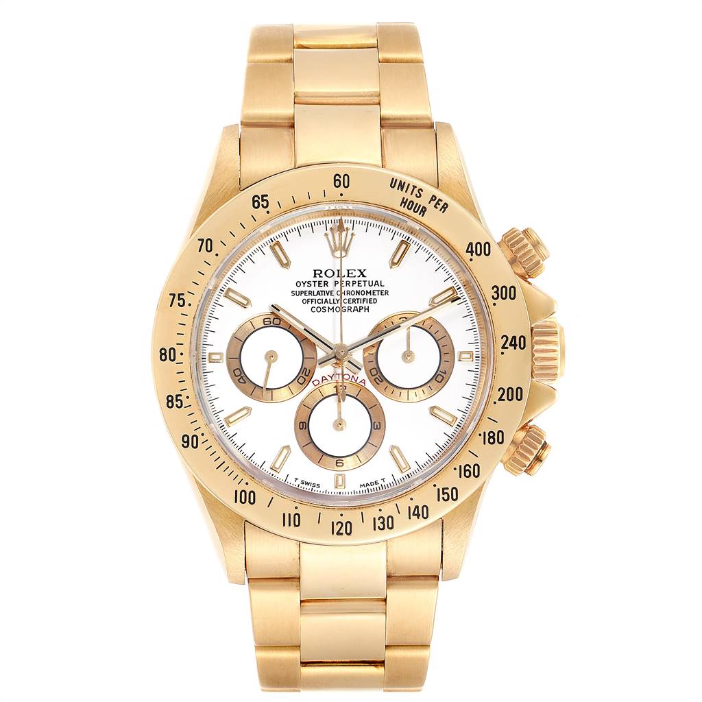 The image shows a Rolex Daytona 16528 Men's Yellow Gold White Dial 16528 Men's Yellow Gold White Dial watch, featuring its face, bezel, crown, and bracelet from a frontal view.