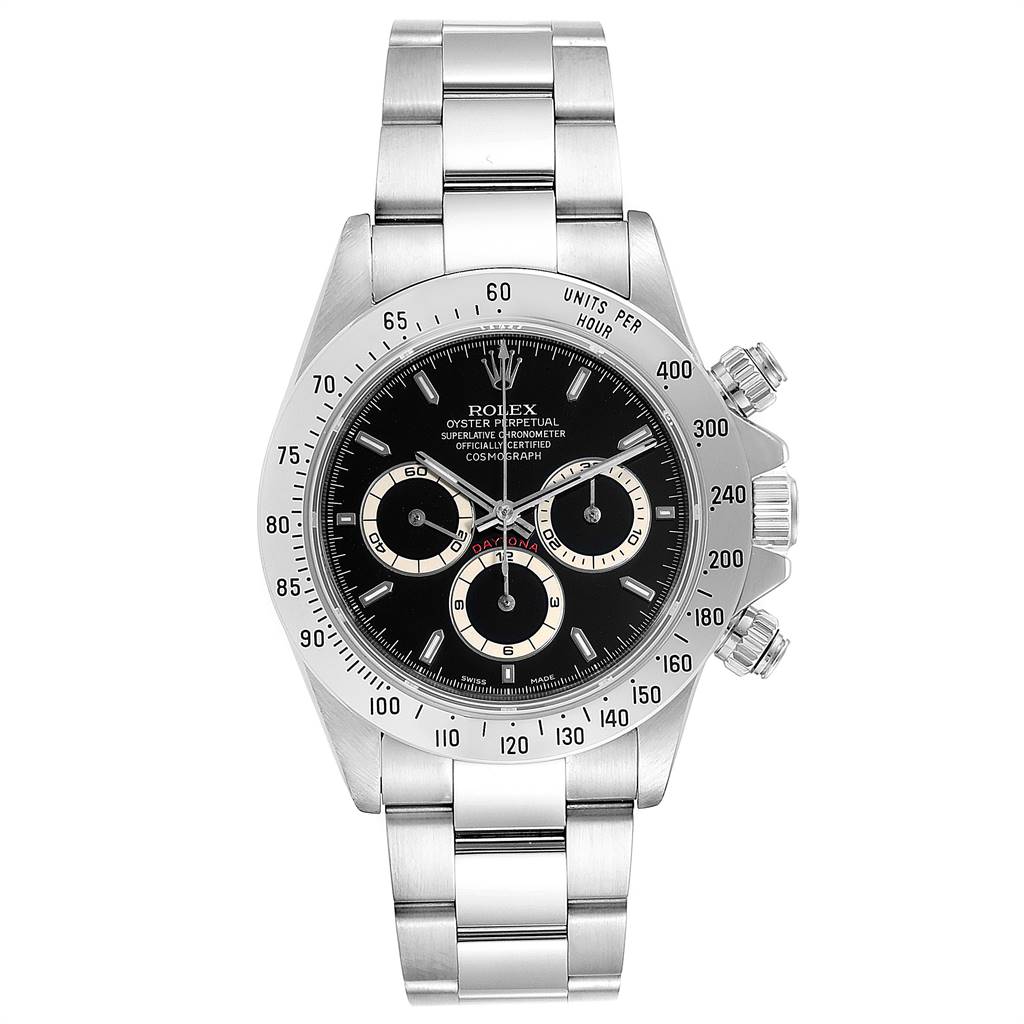 The image shows a front view of the Rolex Daytona 16520 Men
s Stainless Steel Black Dial 16520 Men
s Stainless Steel Black Dial watch, highlighting its black dial, bezel, and stainless steel bracelet.