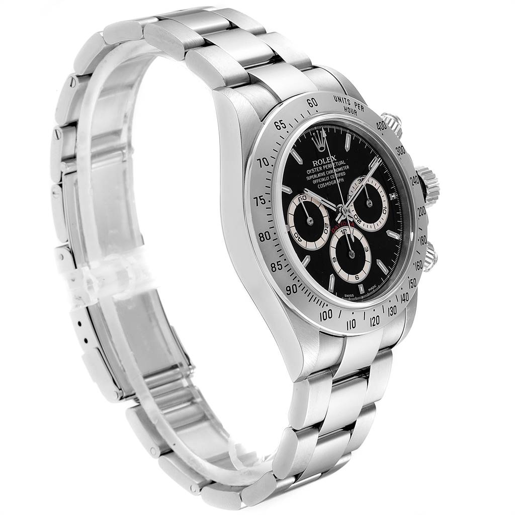 The Rolex Daytona 16520 Men
s Stainless Steel Black Dial 16520 Men
s Stainless Steel Black Dial watch is shown at an angled side view, displaying its bracelet, bezel, and chronograph dials.