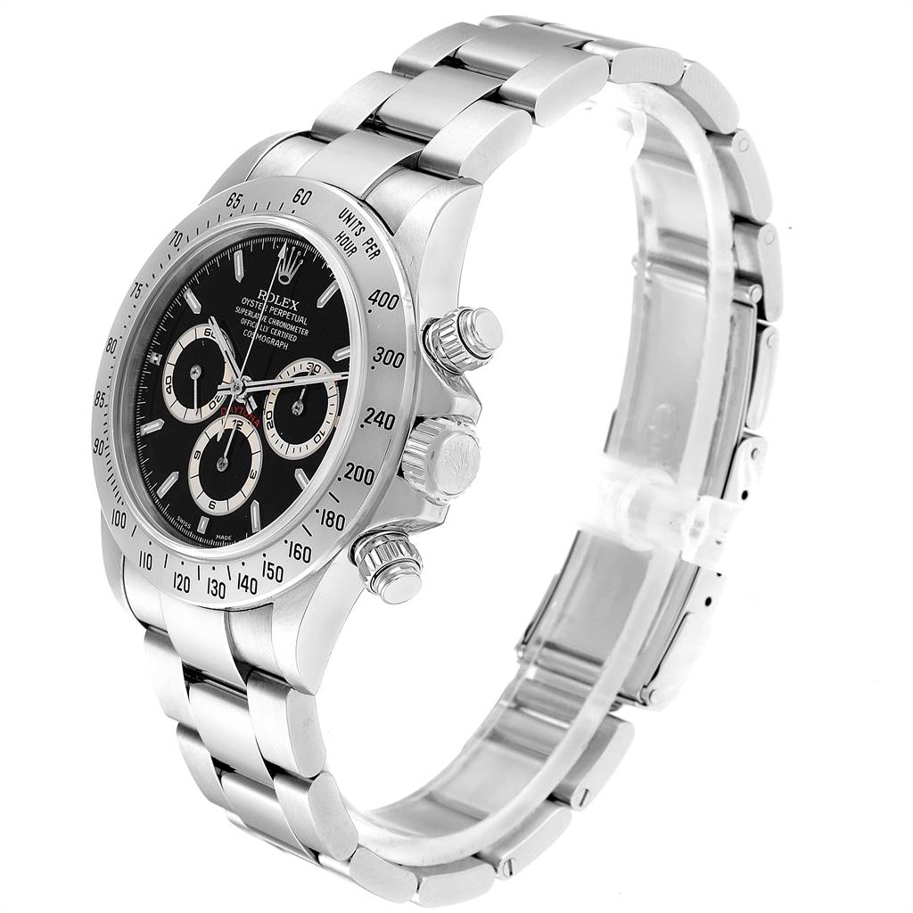 This image shows a side and front angle of a Rolex Daytona 16520 Men
s Stainless Steel Black Dial 16520 Men
s Stainless Steel Black Dial, highlighting the bezel, dial, pushers, and bracelet.