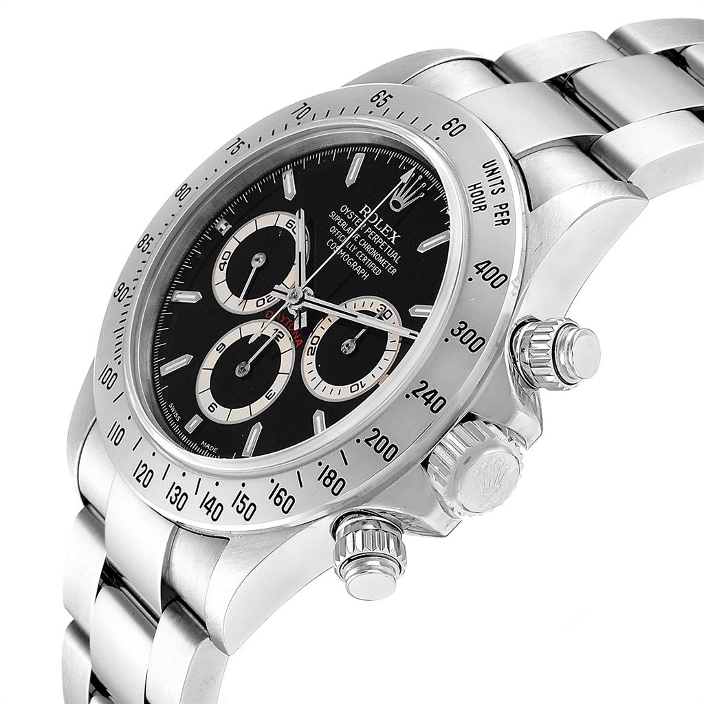 The image shows a side angle view of a Rolex Daytona 16520 Men
s Stainless Steel Black Dial 16520 Men
s Stainless Steel Black Dial watch, featuring the dial, bezel, crown, and pushers.