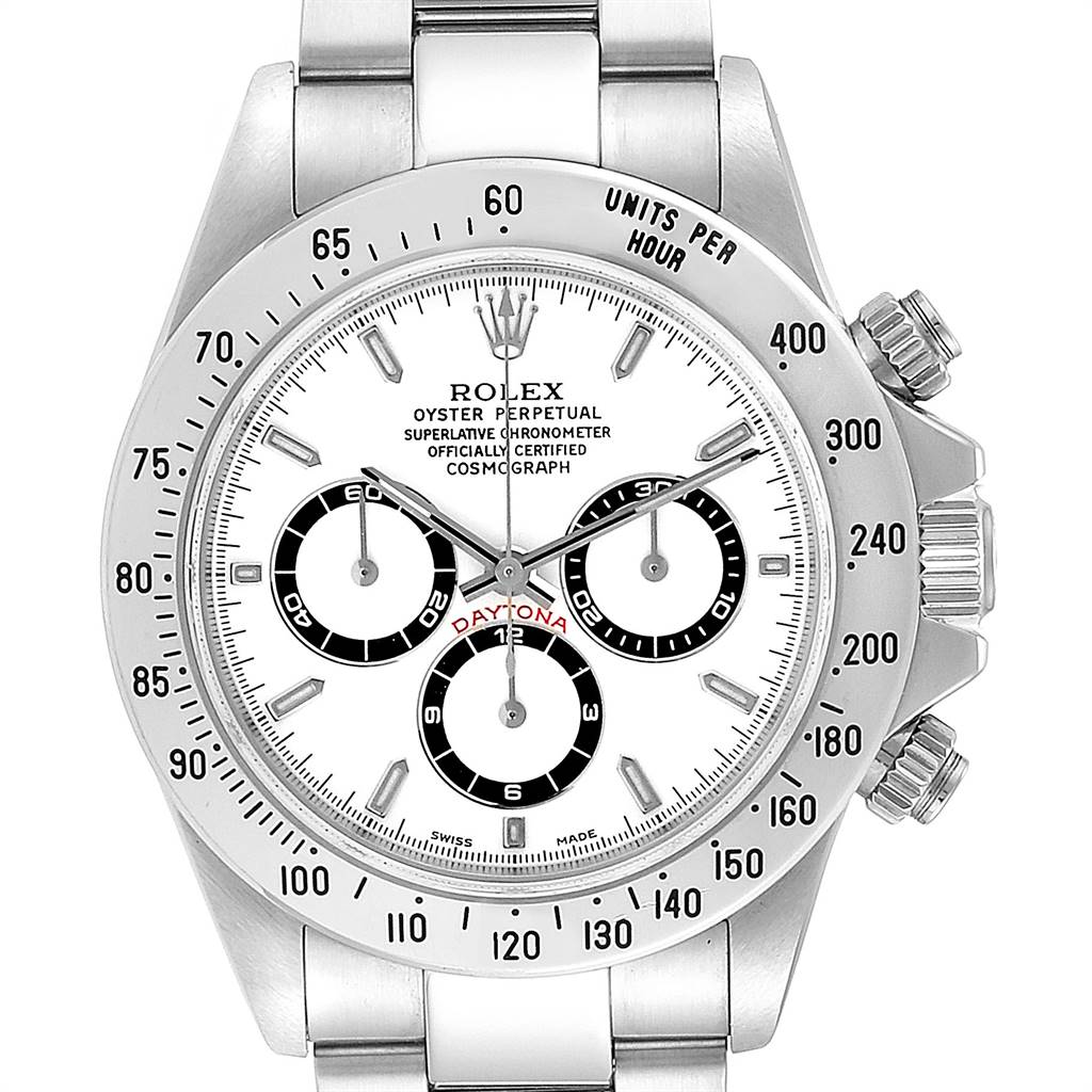 The image shows a front view of the Rolex Daytona 16520 Men's Stainless Steel White Dial 16520 Men's Stainless Steel White Dial watch, featuring the dial, bezel, and bracelet.