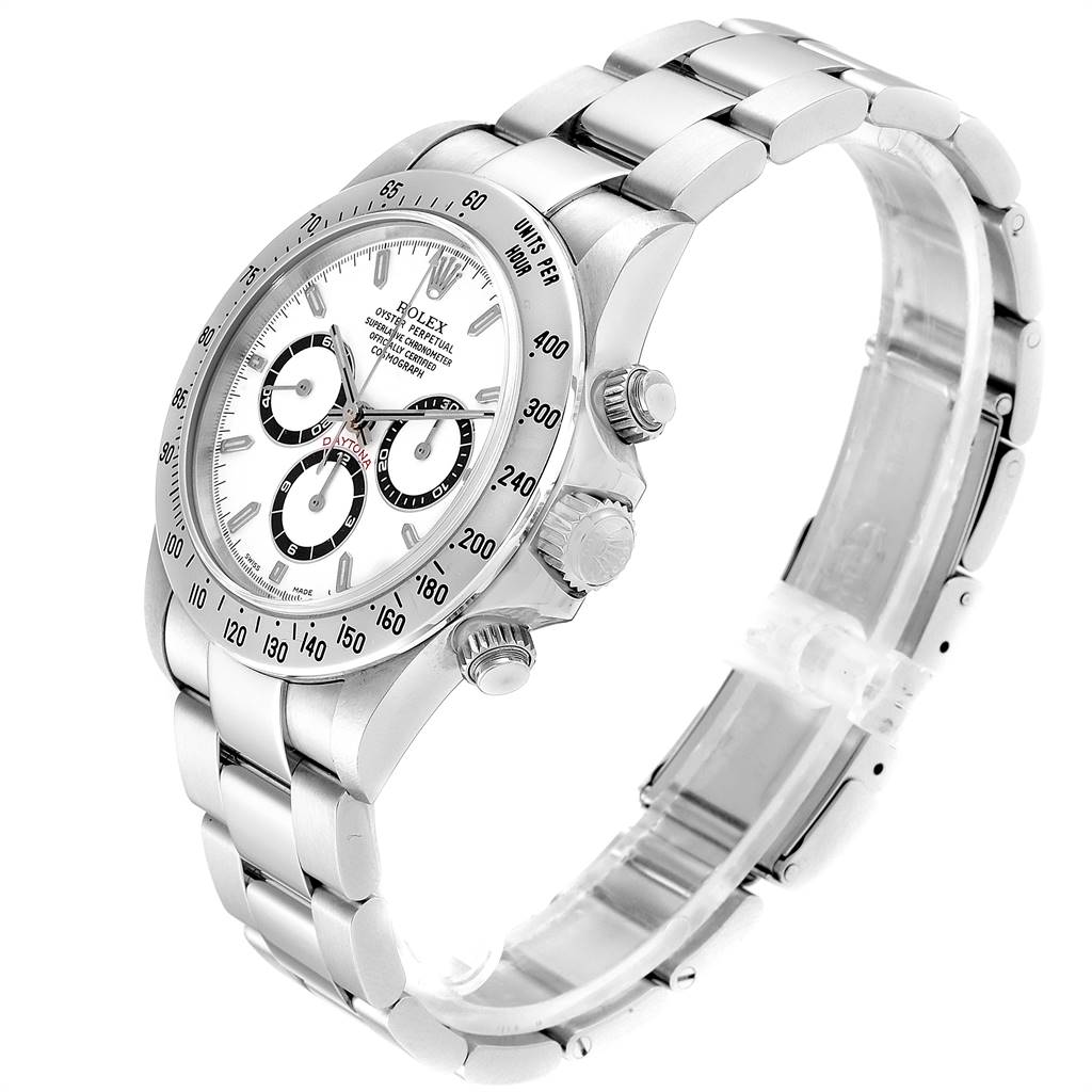 The Rolex Daytona 16520 Men's Stainless Steel White Dial 16520 Men's Stainless Steel White Dial watch is shown at an angled view, highlighting its face, bezel, and bracelet.