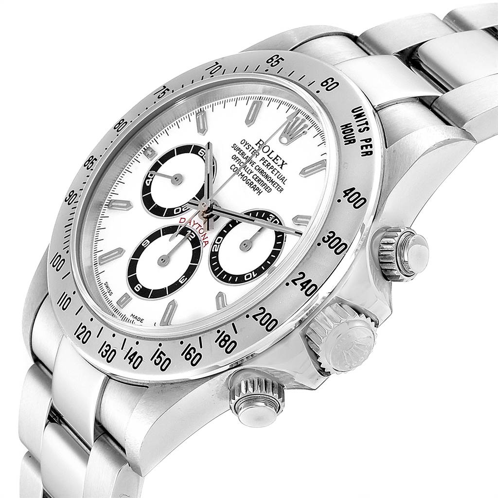 The image shows a side angle of the white-dialed Rolex Daytona 16520 Men's Stainless Steel White Dial 16520 Men's Stainless Steel White Dial watch, highlighting its bezel, crown, and a portion of the bracelet.