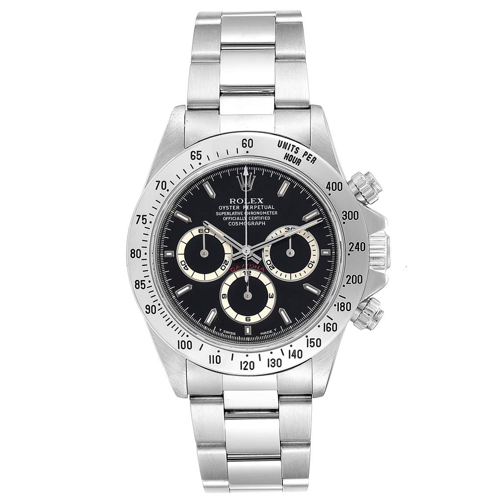 The image shows a front view of a Rolex Daytona 16520 Men's Stainless Steel Black Dial 16520 Men's Stainless Steel Black Dial watch, highlighting its dial, bezel, bracelet, and chronograph buttons.