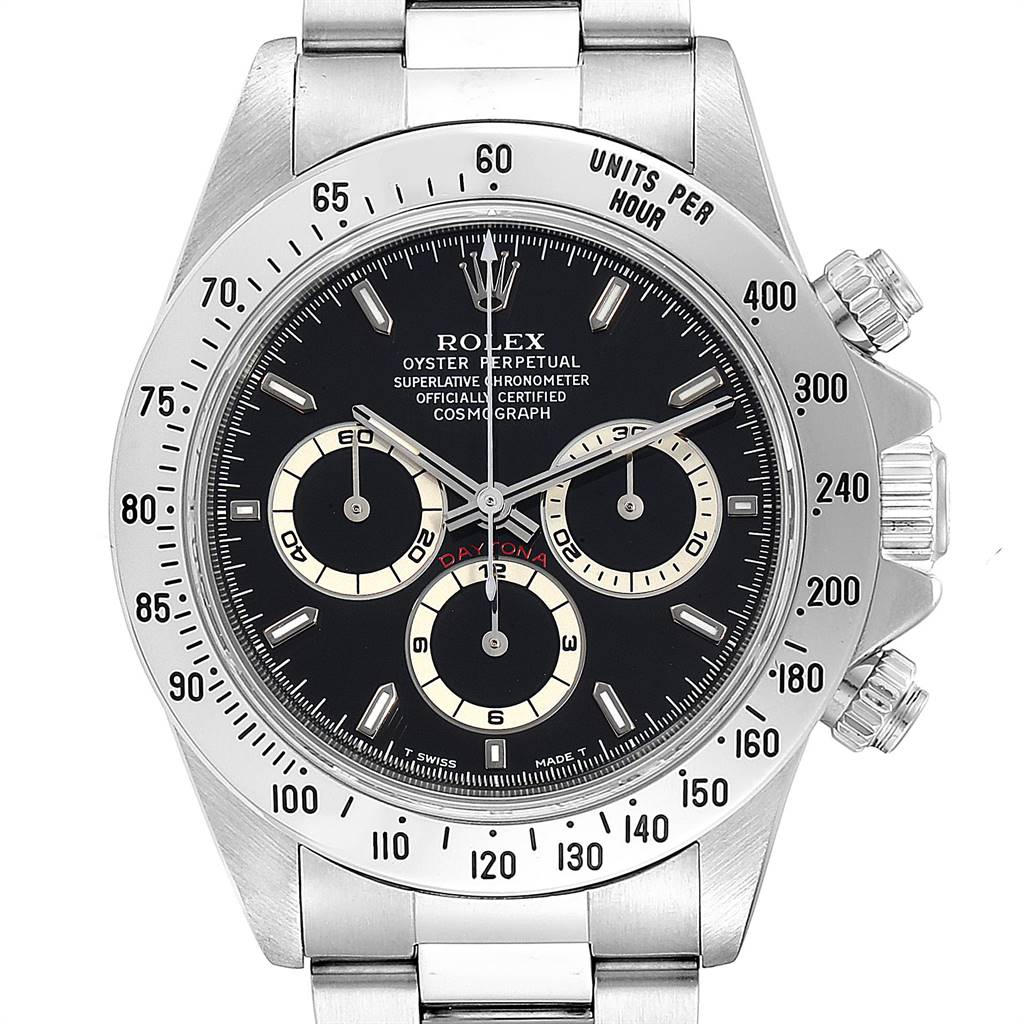 This image shows a frontal view of the Rolex Daytona 16520 Men's Stainless Steel Black Dial 16520 Men's Stainless Steel Black Dial watch, highlighting its dial, bezel, and chronograph sub-dials.