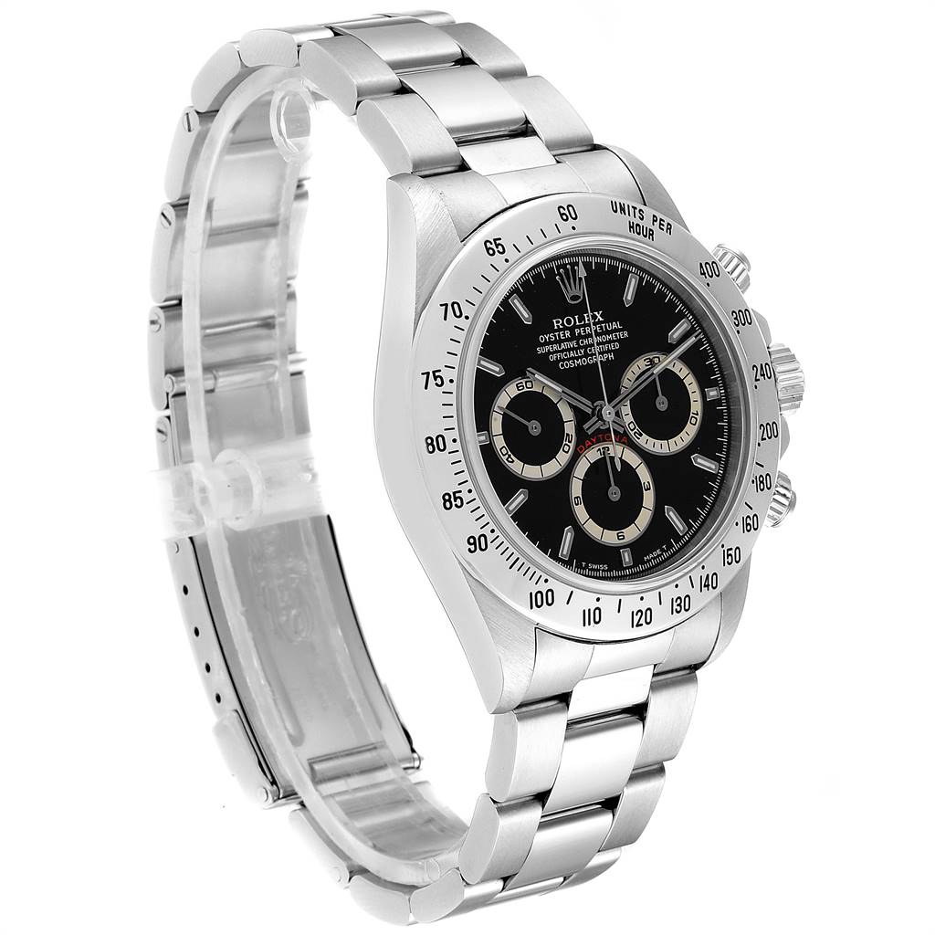 The Rolex Daytona 16520 Men's Stainless Steel Black Dial 16520 Men's Stainless Steel Black Dial watch is shown at a slight angle, displaying its face, bezel, crown, and stainless steel bracelet.