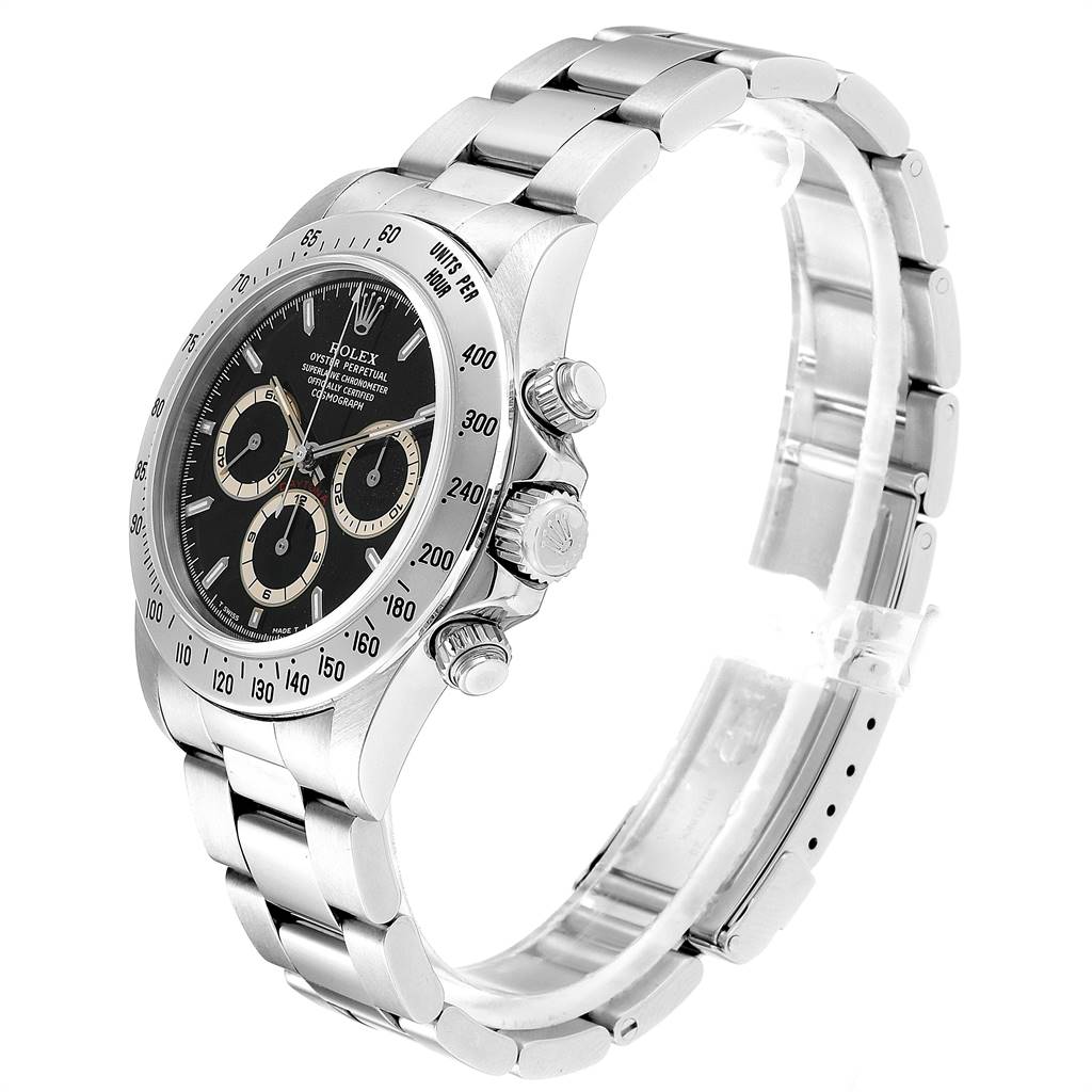 This image shows a Rolex Daytona 16520 Men's Stainless Steel Black Dial 16520 Men's Stainless Steel Black Dial watch at a side angle, highlighting the dial, bezel, crown, pushers, and a part of the bracelet.