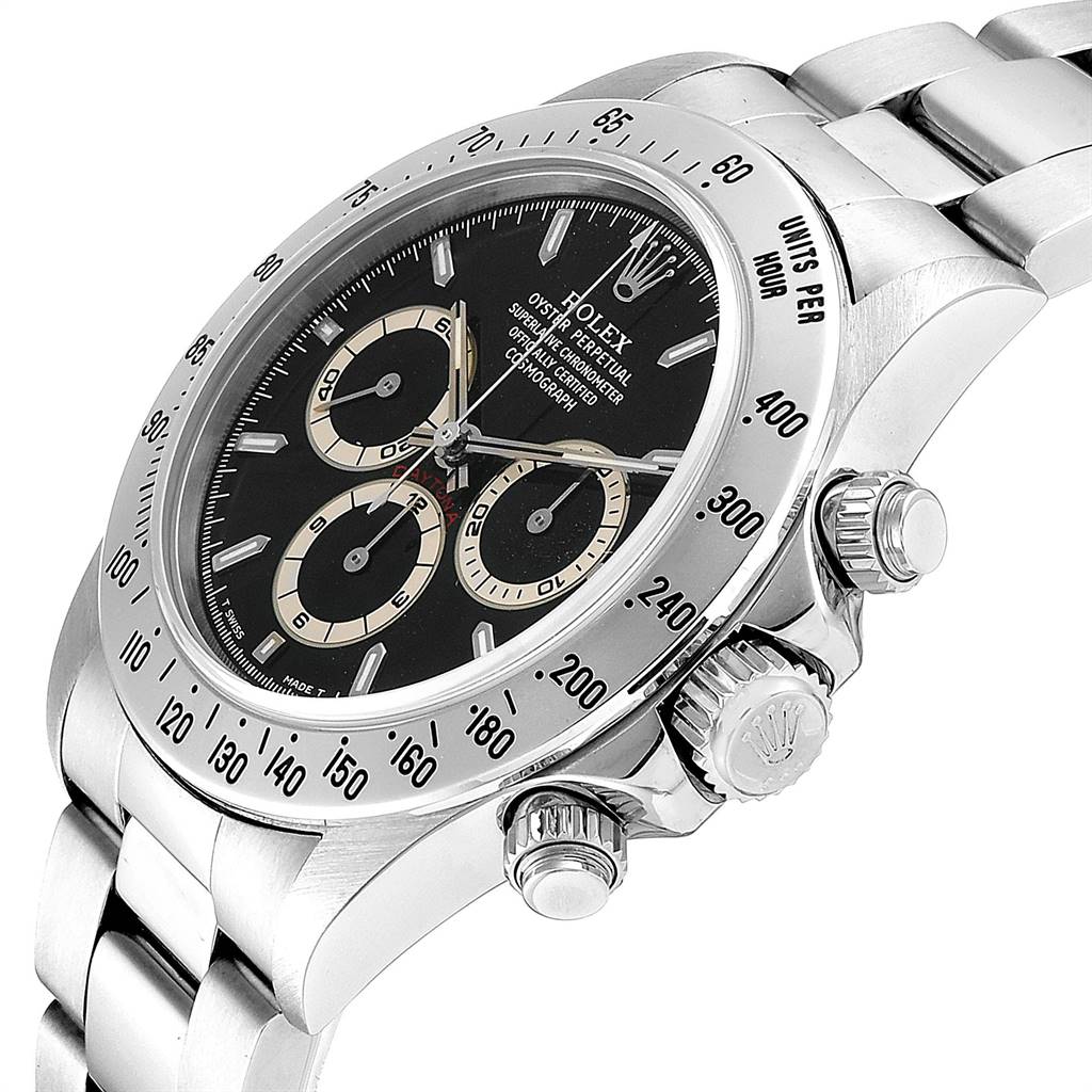 The image shows a close-up, angled view of the dial, bezel, crown, and part of the bracelet of a Rolex Daytona 16520 Men's Stainless Steel Black Dial 16520 Men's Stainless Steel Black Dial watch.