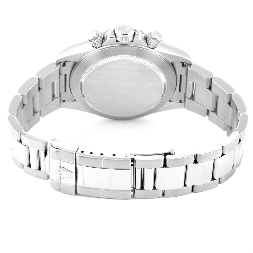 This image shows the back case and bracelet of a Rolex Daytona 16520 Men's Stainless Steel Black Dial 16520 Men's Stainless Steel Black Dial watch from a rear angle.