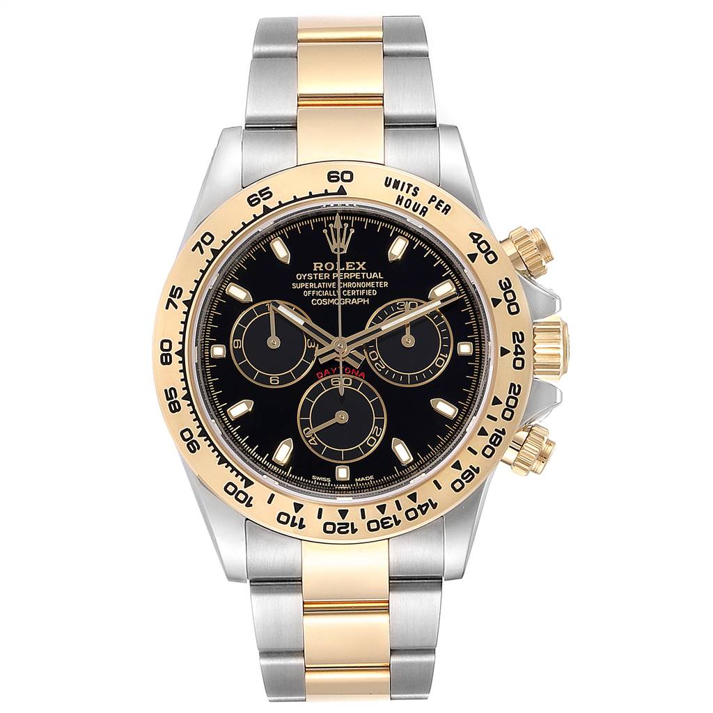 The image shows a Rolex Daytona 116503 Men's Steel and Gold (two tone) Black Dial 116503 Men's Steel and Gold (two tone) Black Dial watch from a top-down angle, highlighting its face, bezel, buttons, and two-tone bracelet.