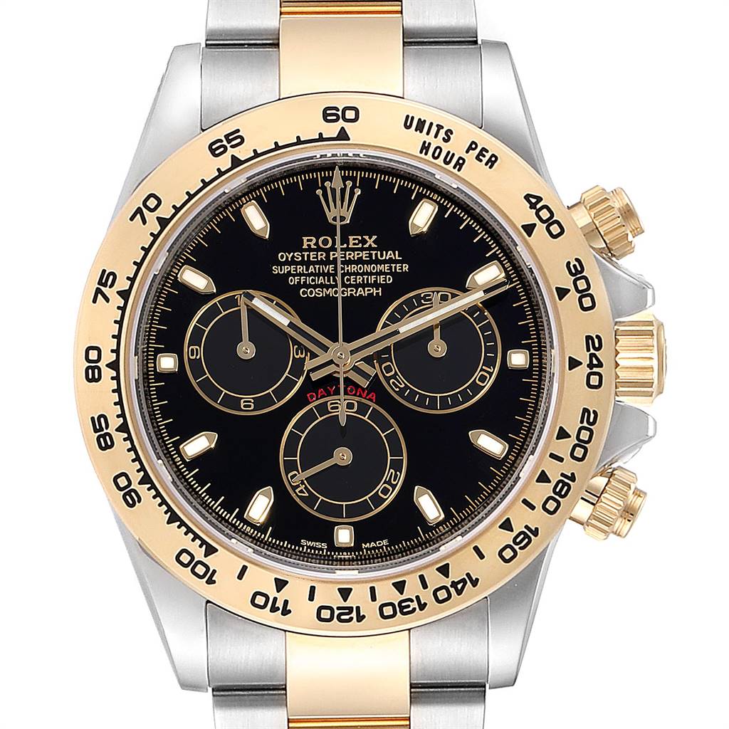 This image shows the Rolex Daytona 116503 Men's Steel and Gold (two tone) Black Dial 116503 Men's Steel and Gold (two tone) Black Dial watch from a front angle, highlighting its black dial, gold bezel, and two-tone bracelet.