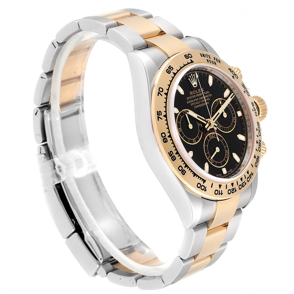 The image displays a side angle of a Rolex Daytona 116503 Men's Steel and Gold (two tone) Black Dial 116503 Men's Steel and Gold (two tone) Black Dial watch, showcasing its dual-tone bracelet, bezel, and black dial with subdials.