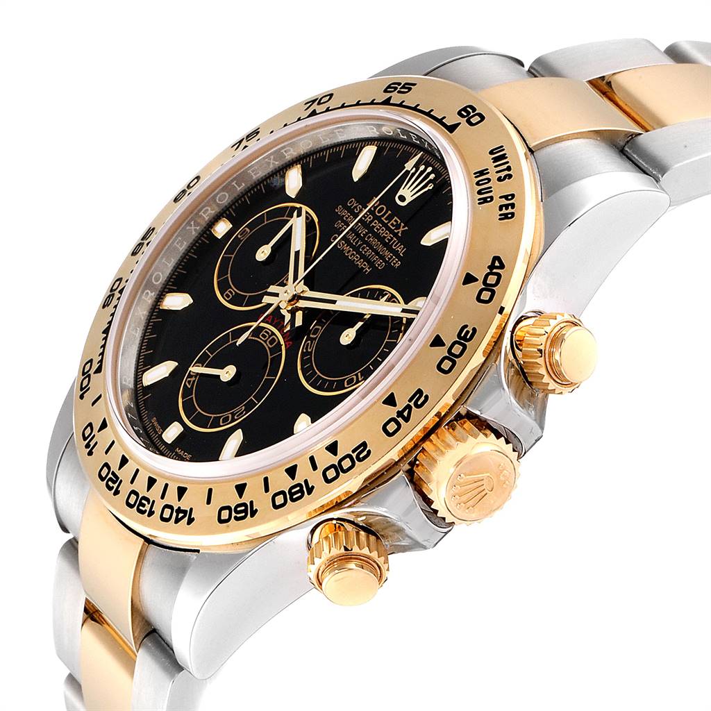 The image shows a Rolex Daytona 116503 Men's Steel and Gold (two tone) Black Dial 116503 Men's Steel and Gold (two tone) Black Dial watch at a side angle, focusing on the bezel, dial, and crown.