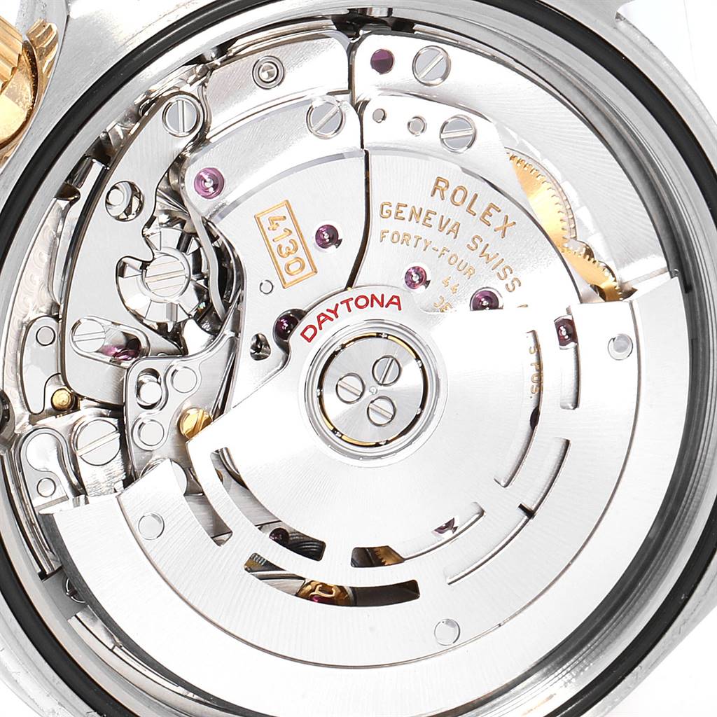 This image shows a close-up view of the internal movement mechanism of a Rolex Daytona 116503 Men's Steel and Gold (two tone) White Dial 116503 Men's Steel and Gold (two tone) White Dial watch.