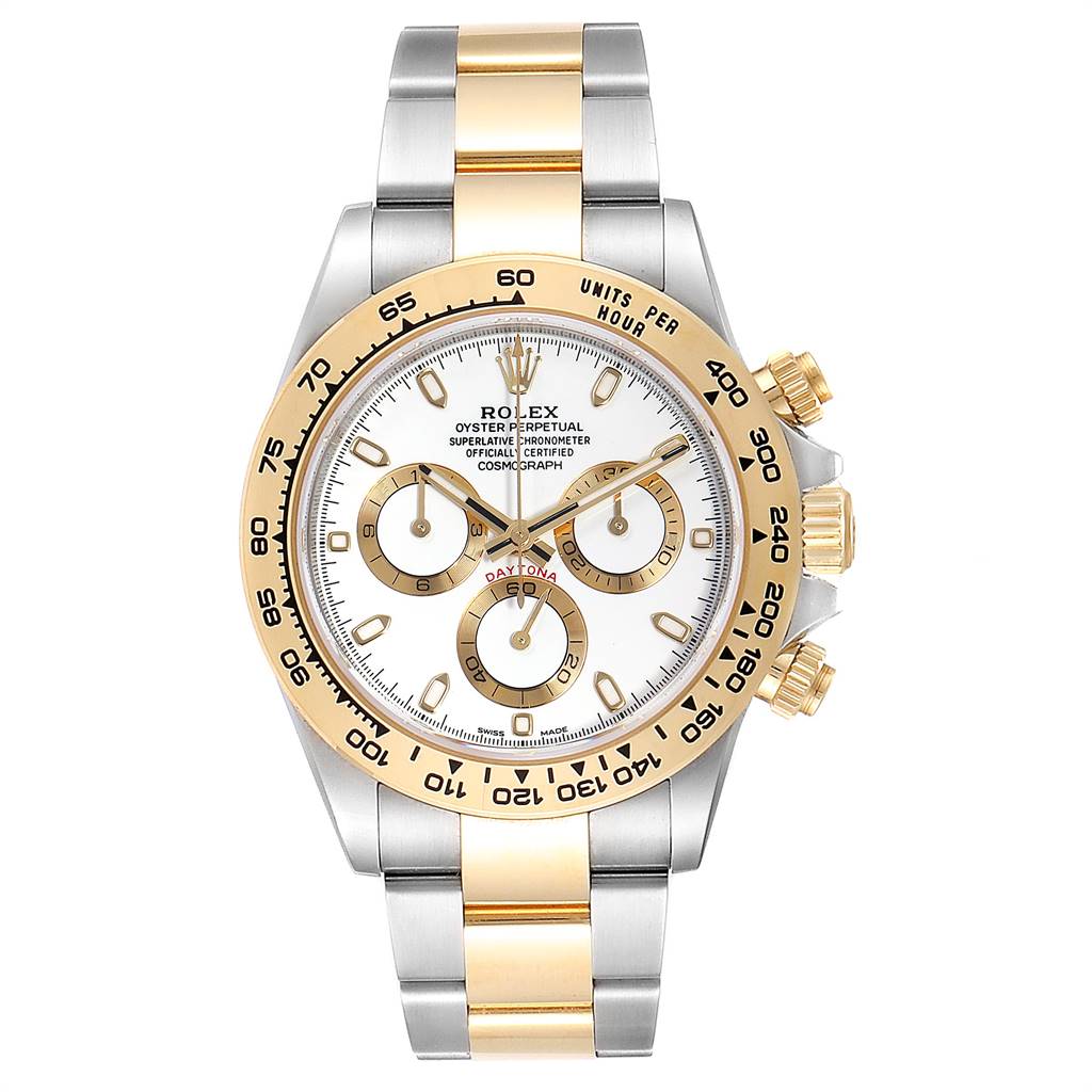 The image shows a front view of a Rolex Daytona 116503 Men's Steel and Gold (two tone) White Dial 116503 Men's Steel and Gold (two tone) White Dial watch, featuring its dial, subdials, bezel, and bracelet.