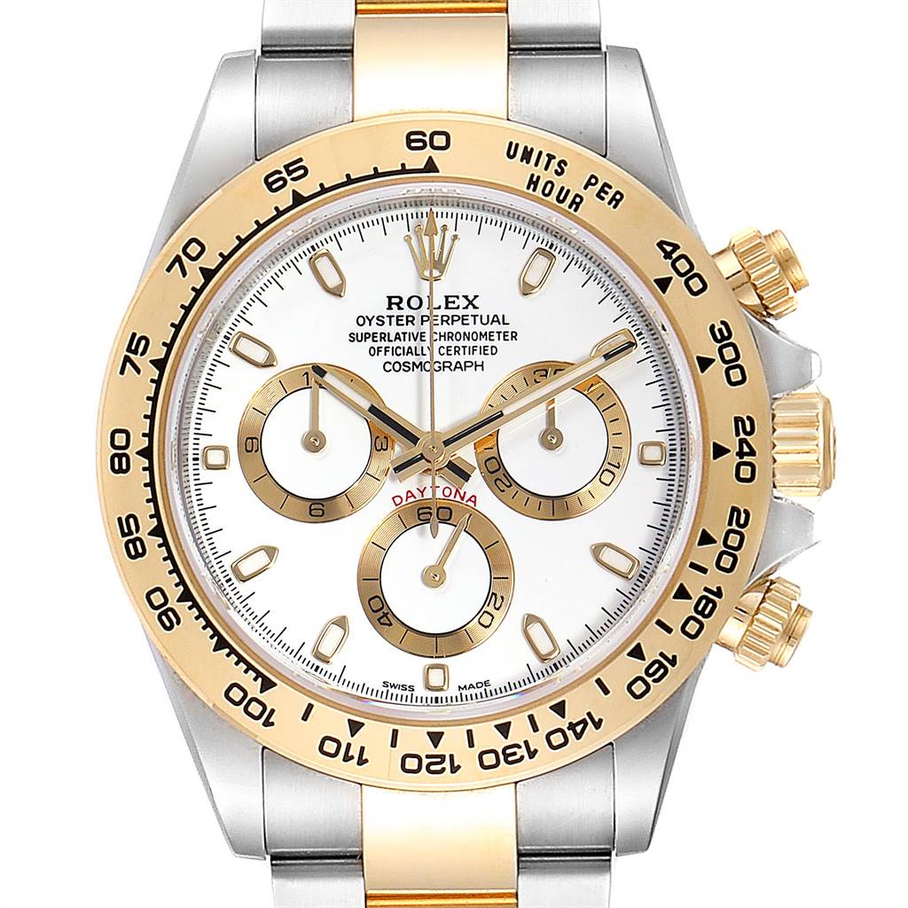 The image shows a Rolex Daytona 116503 Men's Steel and Gold (two tone) White Dial 116503 Men's Steel and Gold (two tone) White Dial watch from a front angle, highlighting its dial, bezel, chronograph subdials, and bracelet.