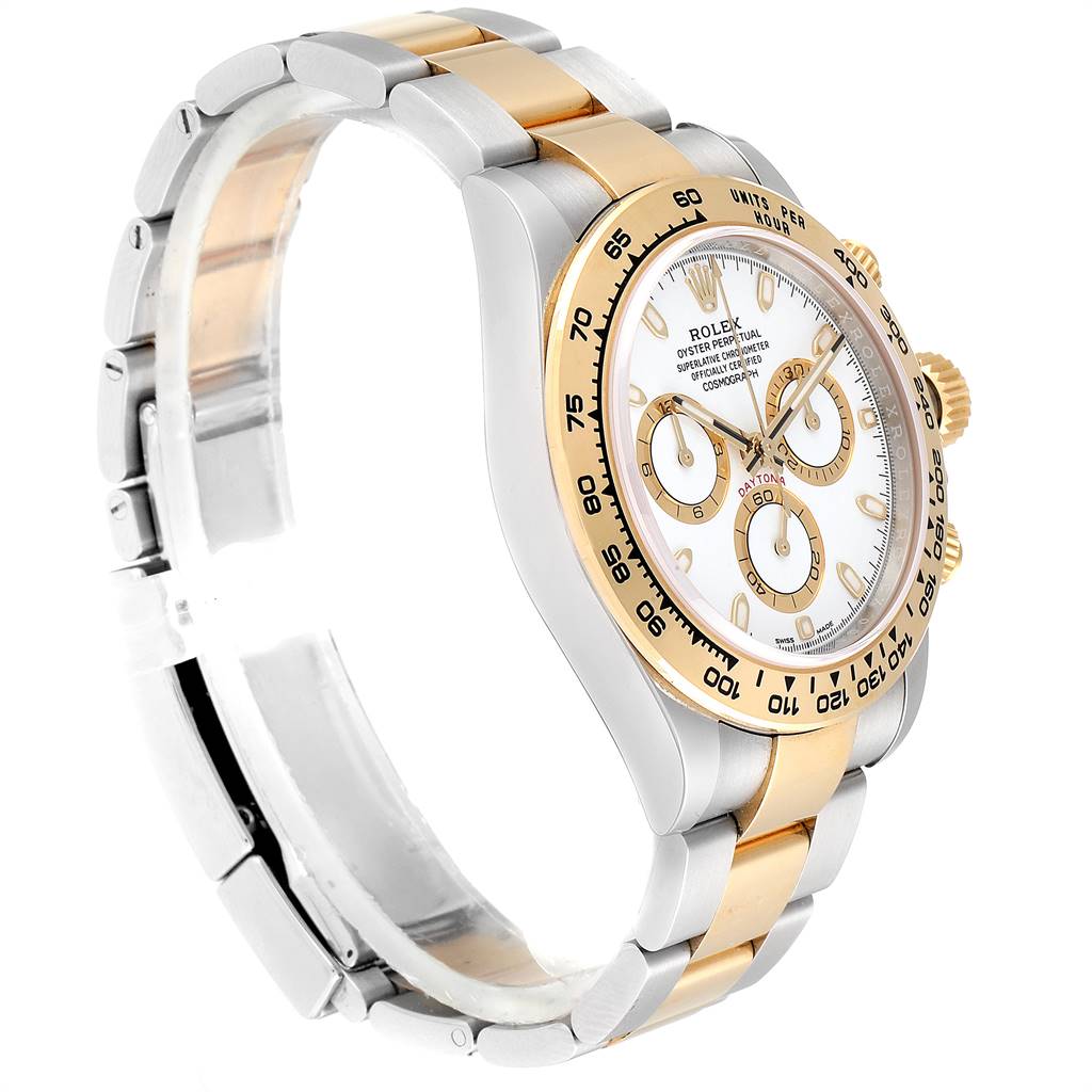 This image shows the side angle of a Rolex Daytona 116503 Men's Steel and Gold (two tone) White Dial 116503 Men's Steel and Gold (two tone) White Dial watch, highlighting its two-tone bracelet, bezel, and face.