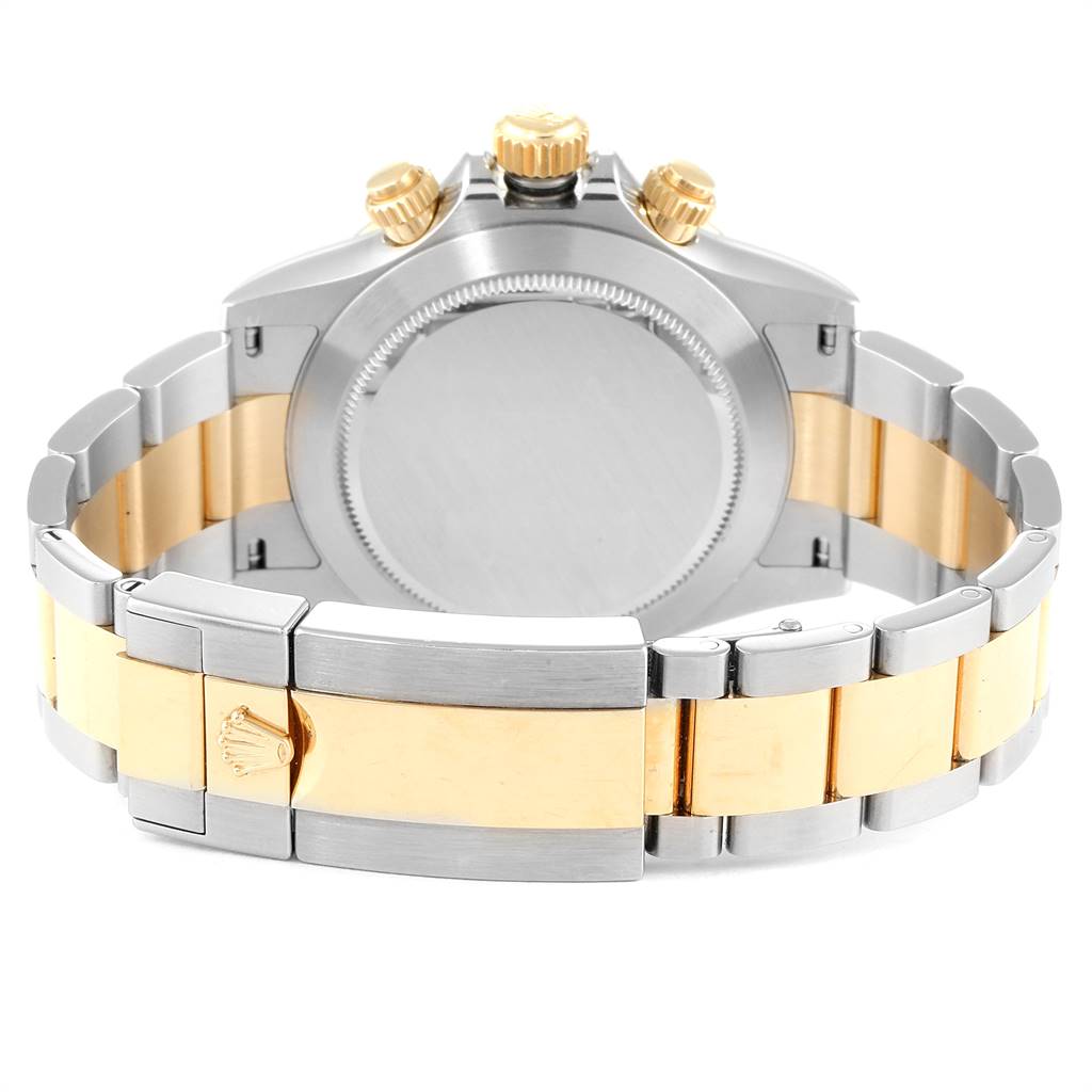 The image shows the back case and clasp of a Rolex Daytona 116503 Men's Steel and Gold (two tone) White Dial 116503 Men's Steel and Gold (two tone) White Dial watch, viewed from the rear.