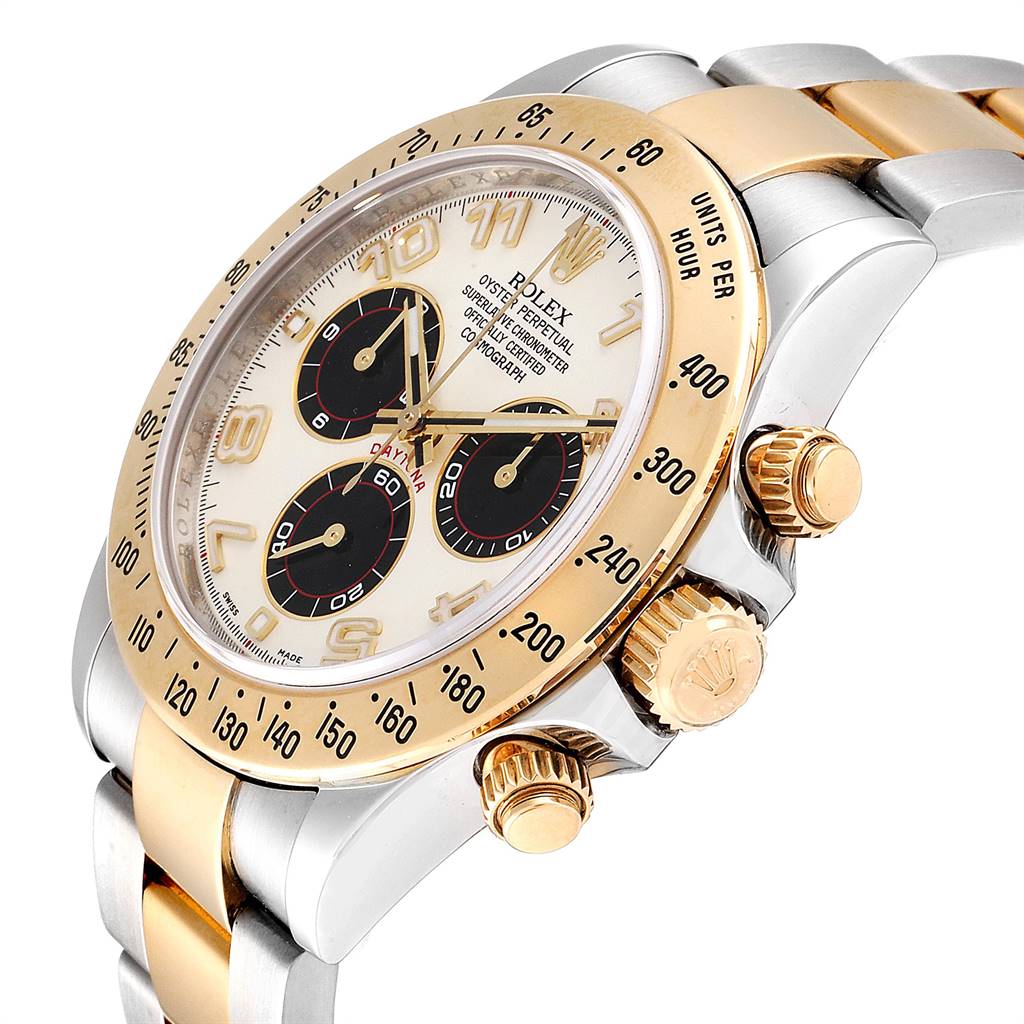 The image shows a Rolex Daytona 116523 Men's Steel and Gold (two tone) Silver Dial 116523 Men's Steel and Gold (two tone) Silver Dial watch at a side angle, highlighting its bezel, dial, and crown.