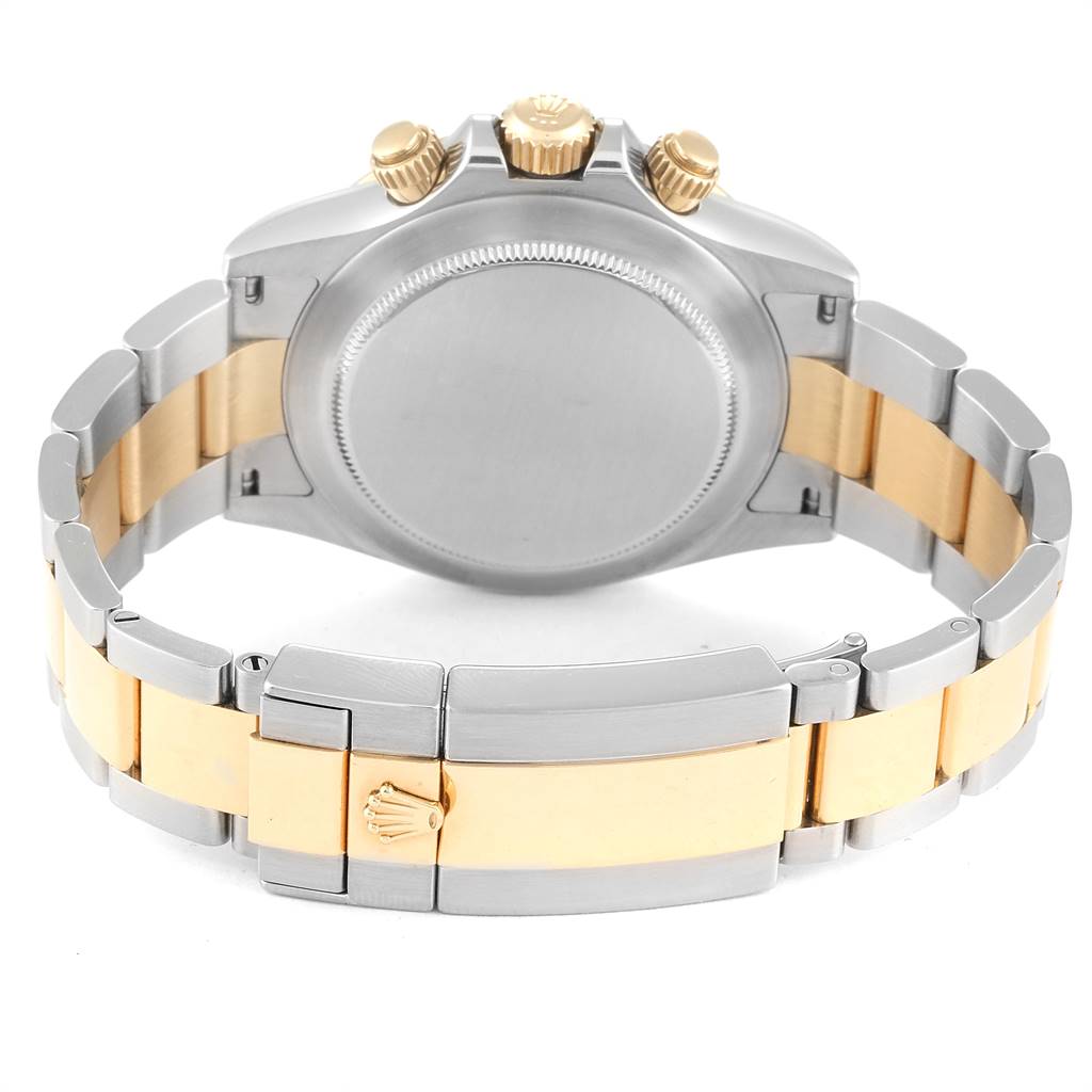 The image shows the back view of the Rolex Daytona 116523 Men's Steel and Gold (two tone) Silver Dial 116523 Men's Steel and Gold (two tone) Silver Dial watch, highlighting the clasp and bracelet.